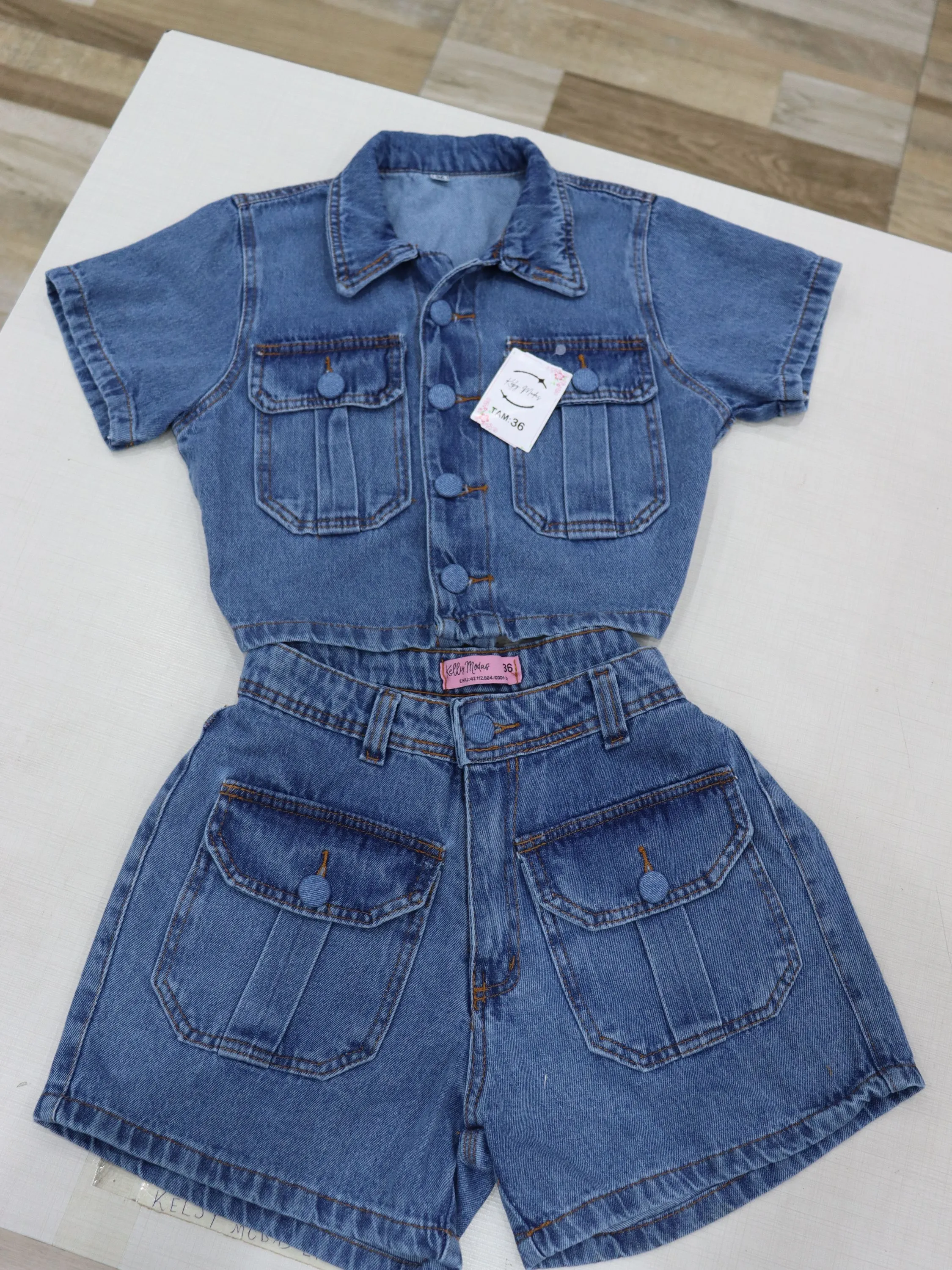 Conjunto Jaqueta Jean manga curto Short Modelo novidade