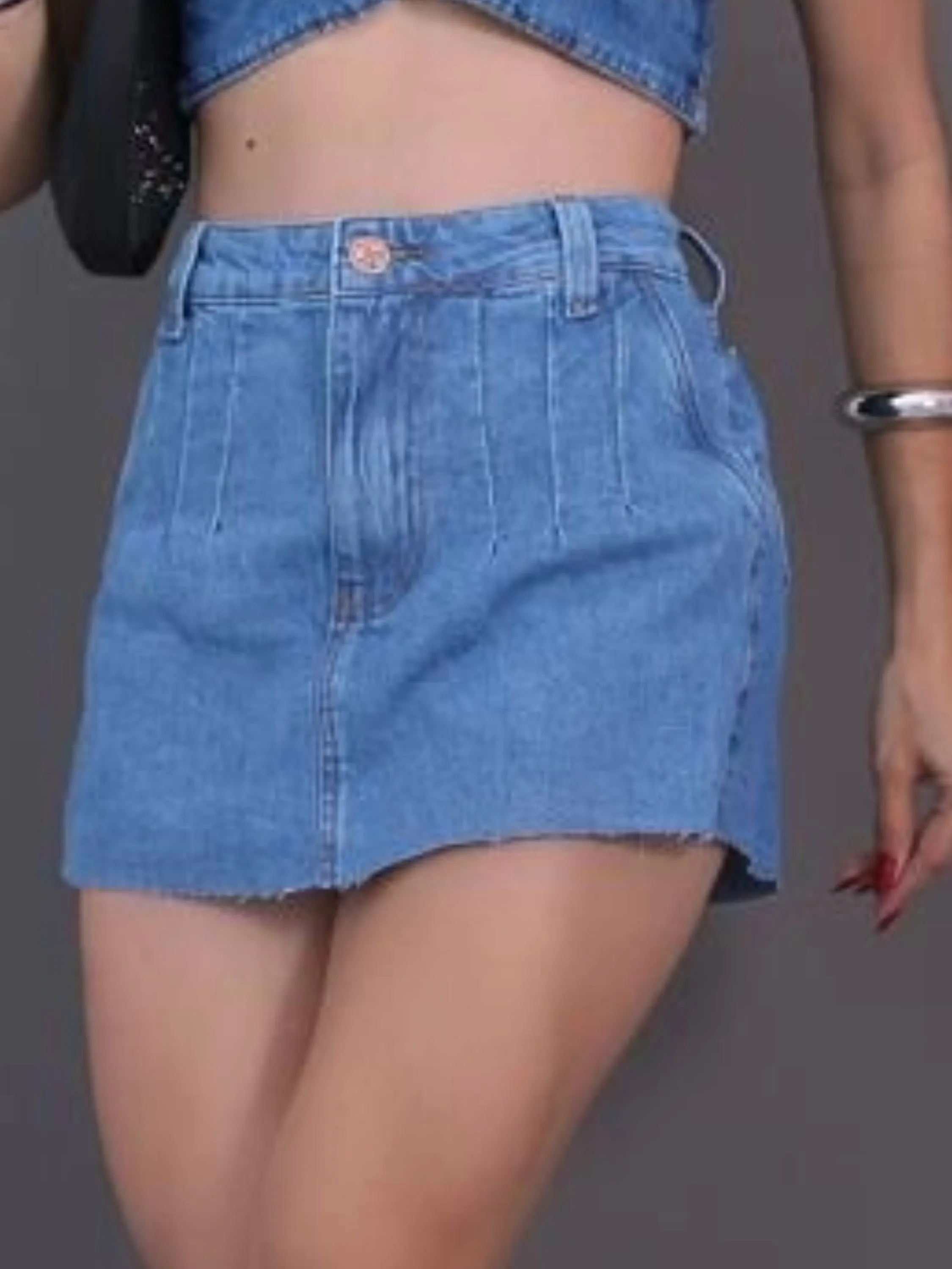 Short Saia Jeans Feminina Custurado Em Cintura