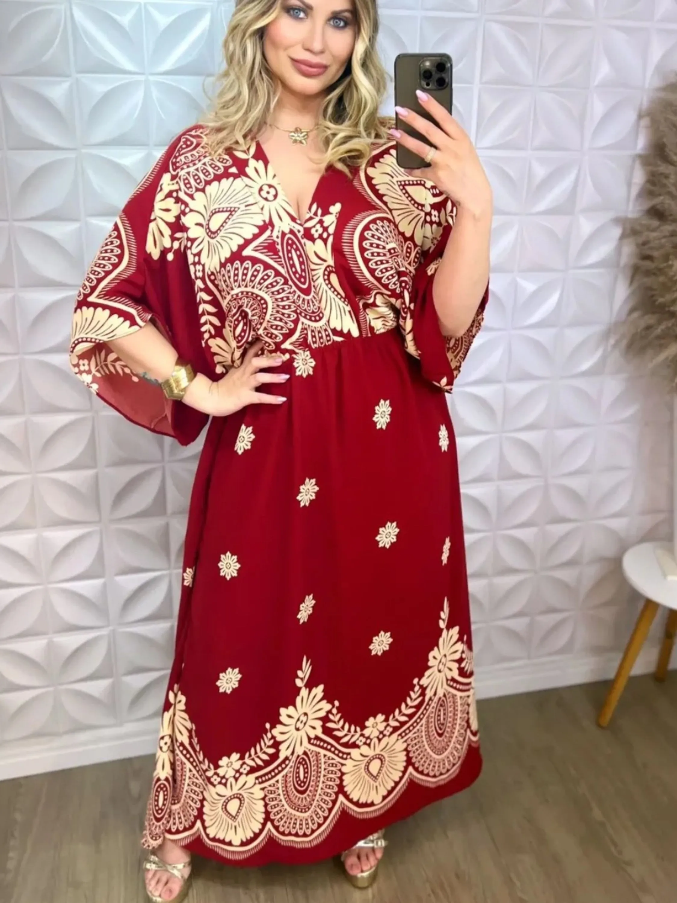 Vestido Longo Morcego Estampado
