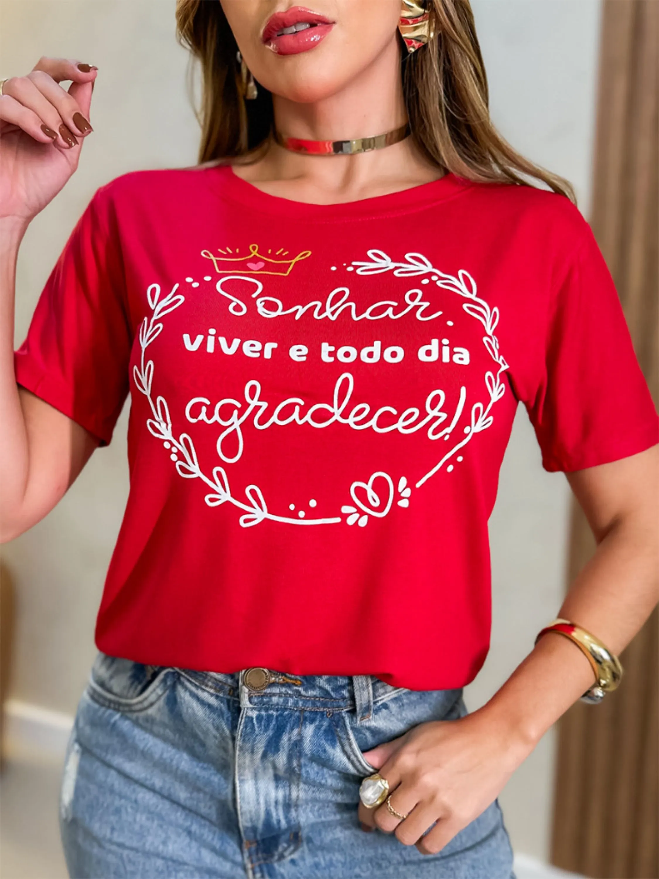 Camiseta T-shirt Feminina Estampada Sonhar Viver e Todo Dia Agradecer