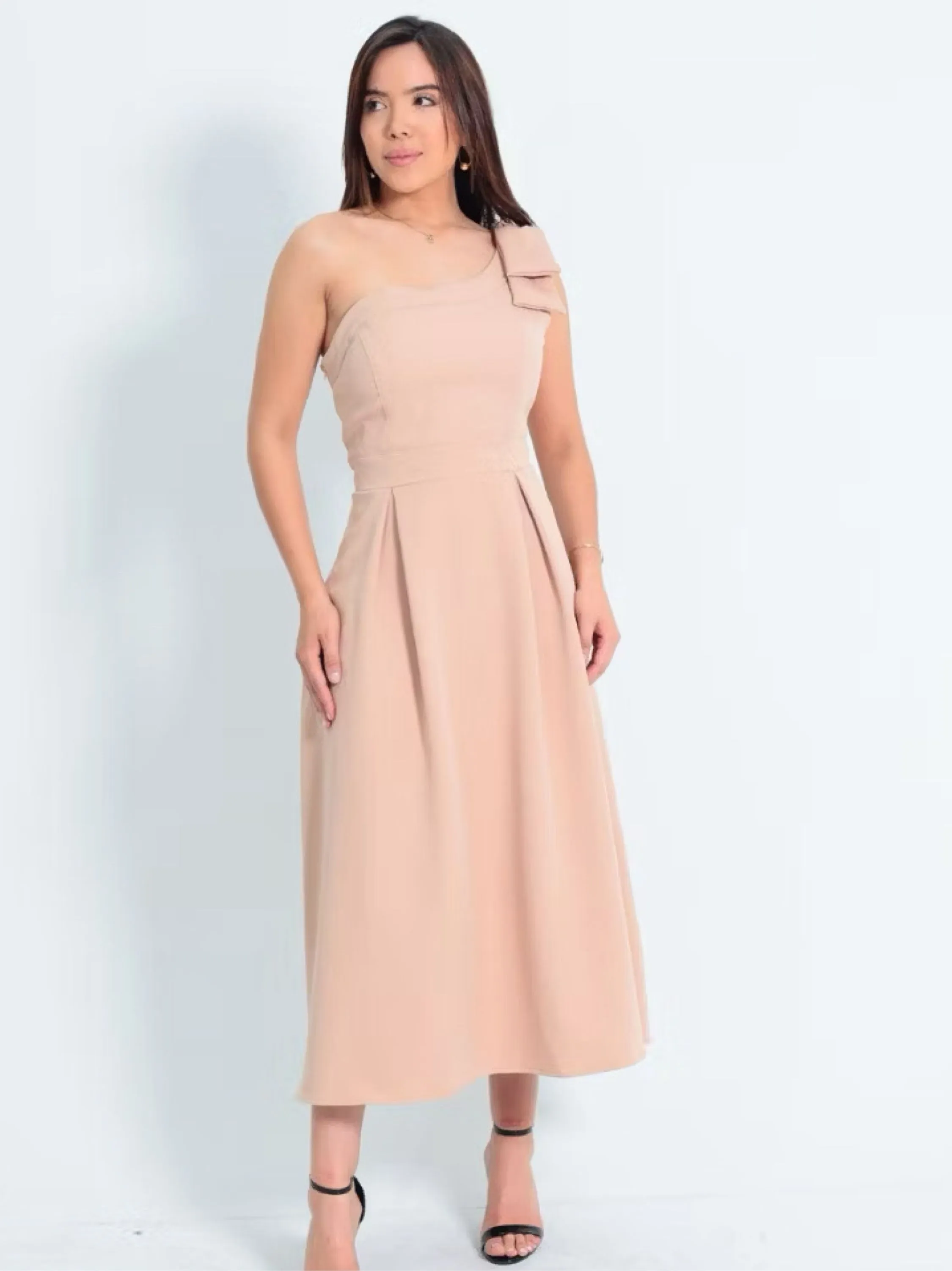 Vestido longo luxo linho algodão com laço um ombro