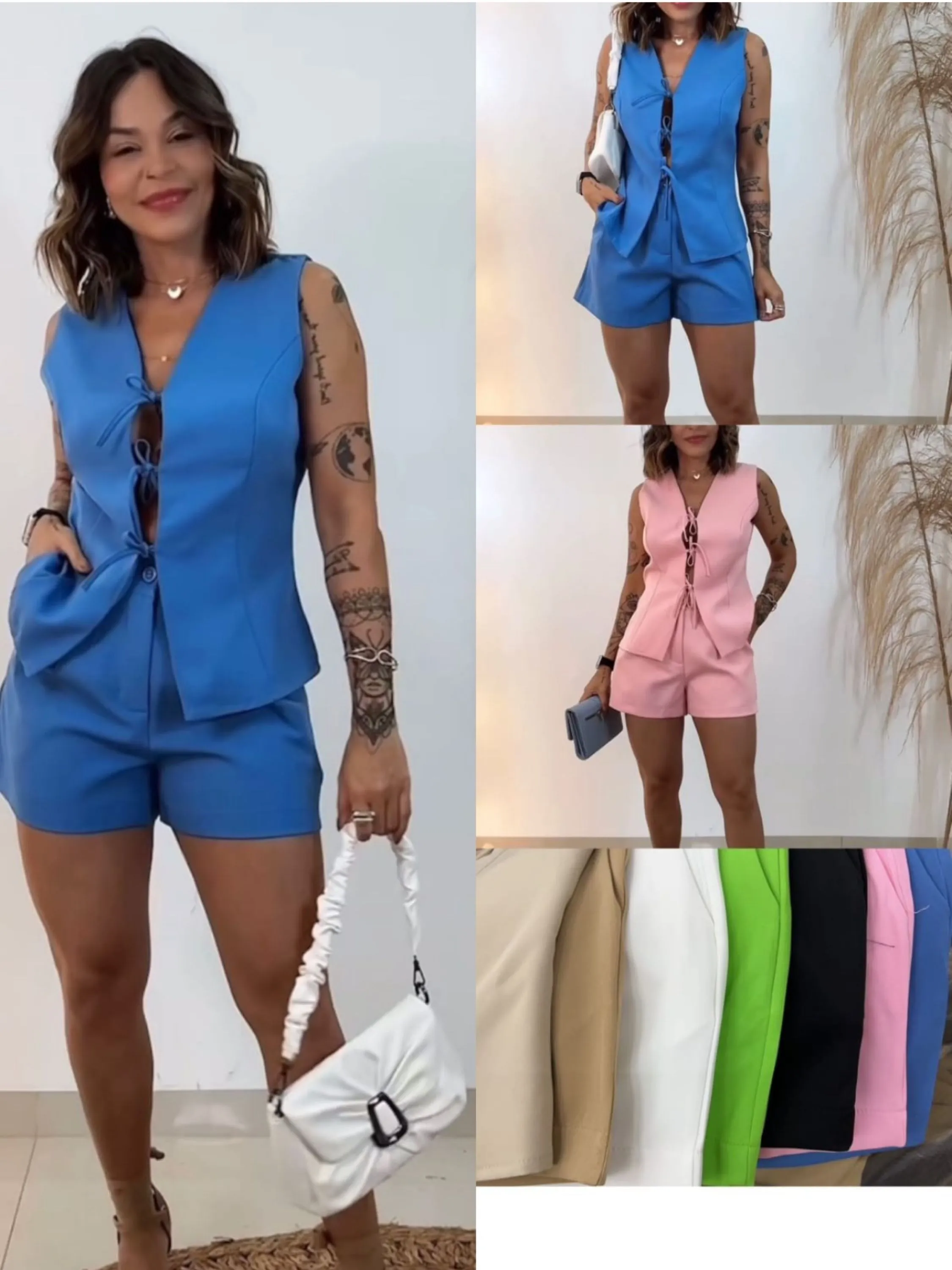 Conjunto alfaiataria short e Colete com Amarração