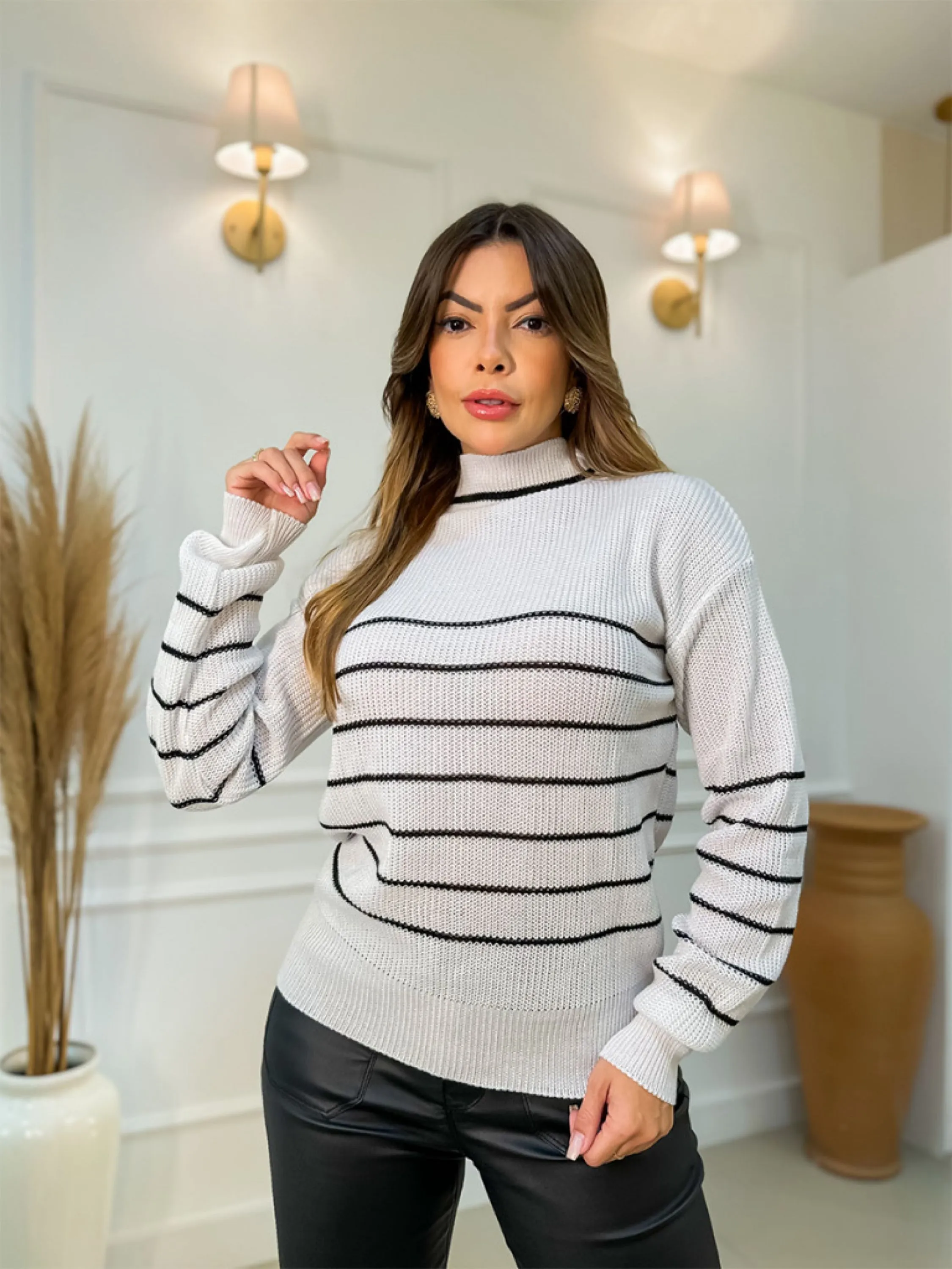 promocao Blusa  Trico Listrada Manga Longa Moda Inverno