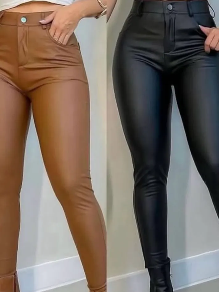 Calça Resinada Feminina Básica Cintura Alta