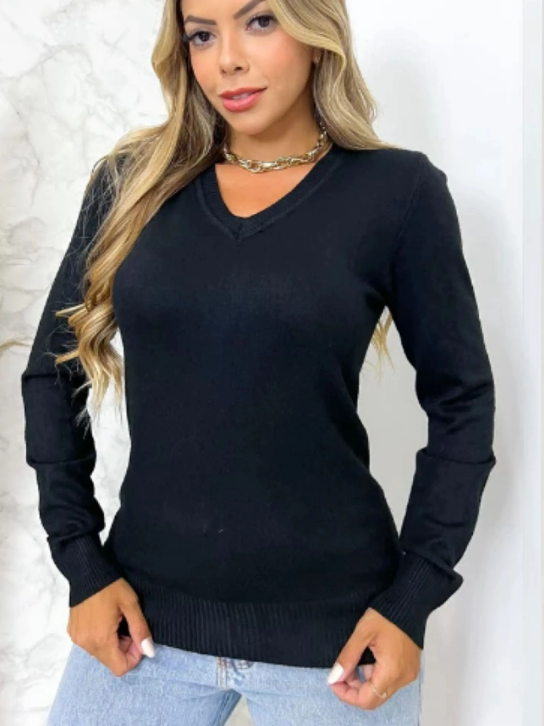 promocao Blusa Feminina Suéter Moletom Básica De Modal Gola V Inverno