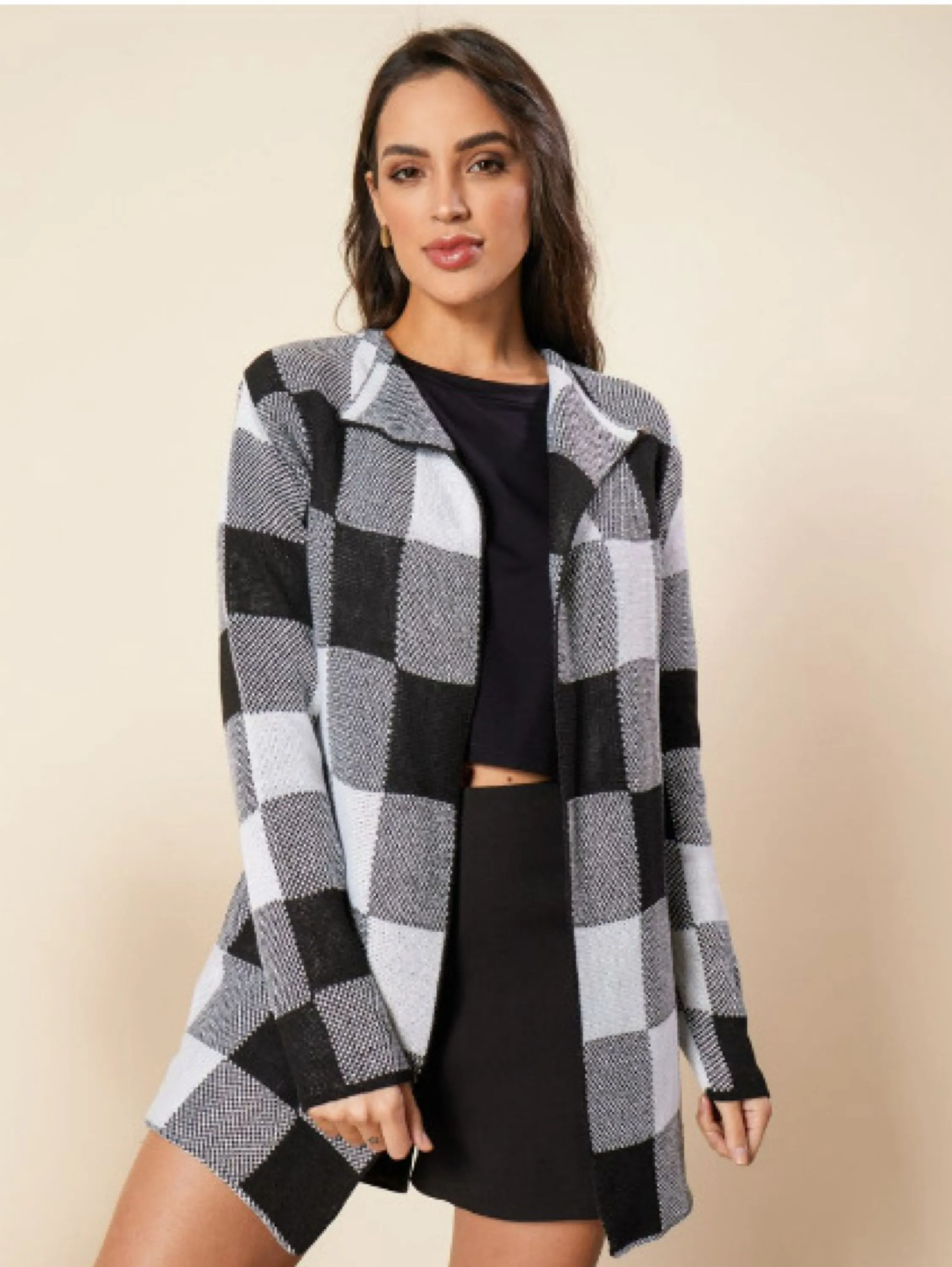 Cardigan Xadrez Sobretudo Lã Inverno Gola Chic Feminino Top