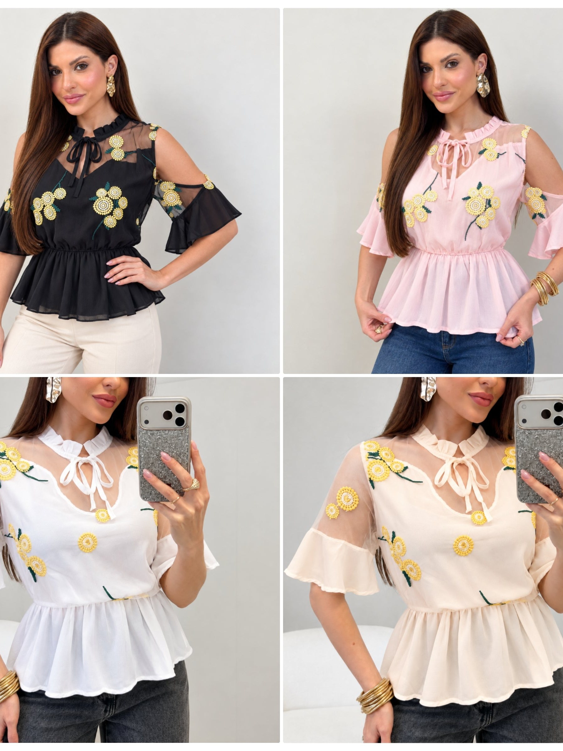 Blusa Manguinha Detalhes Com Tule Flor FY1165