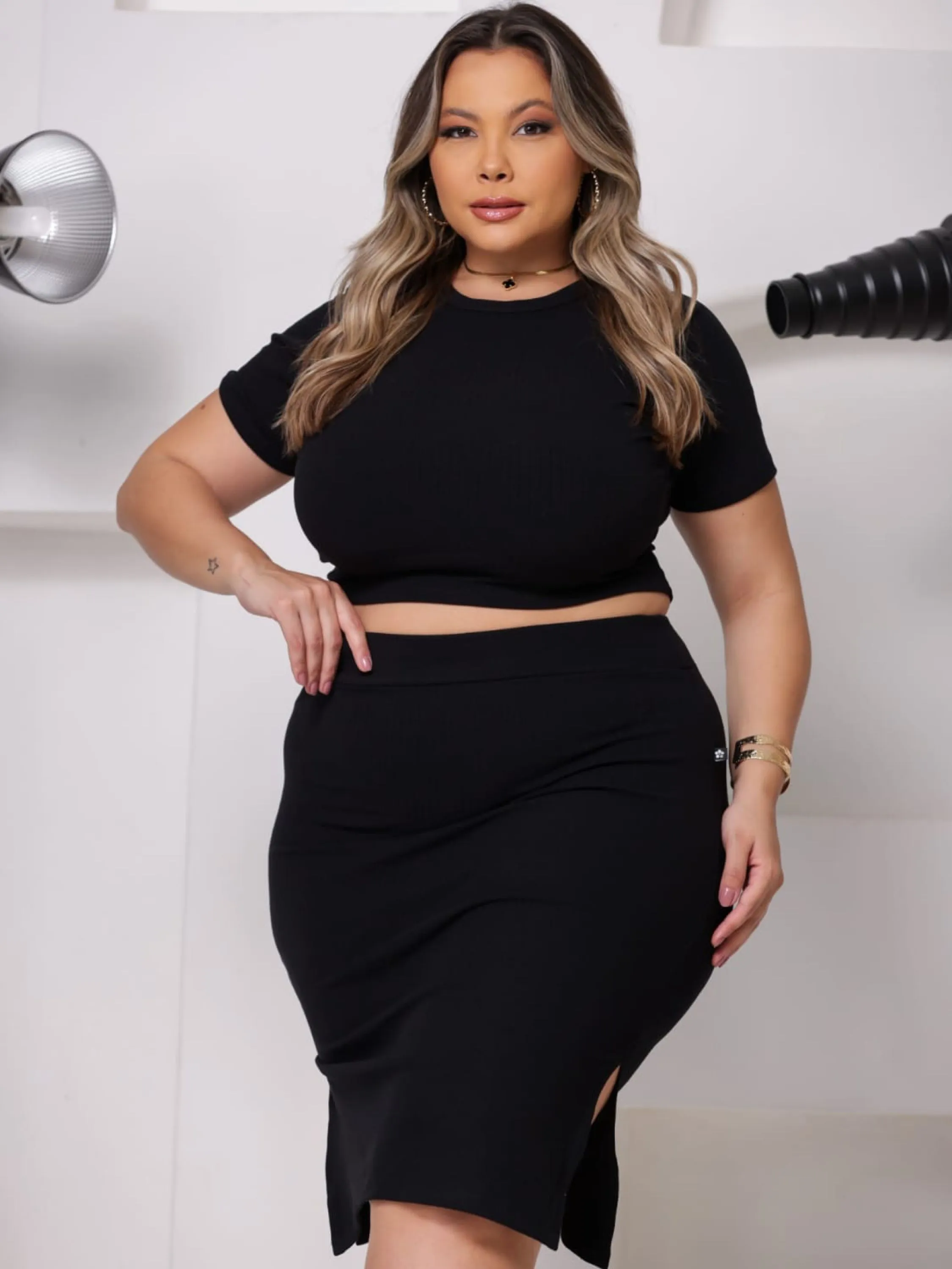 Conjunto canelado premium manguinha Plus Size