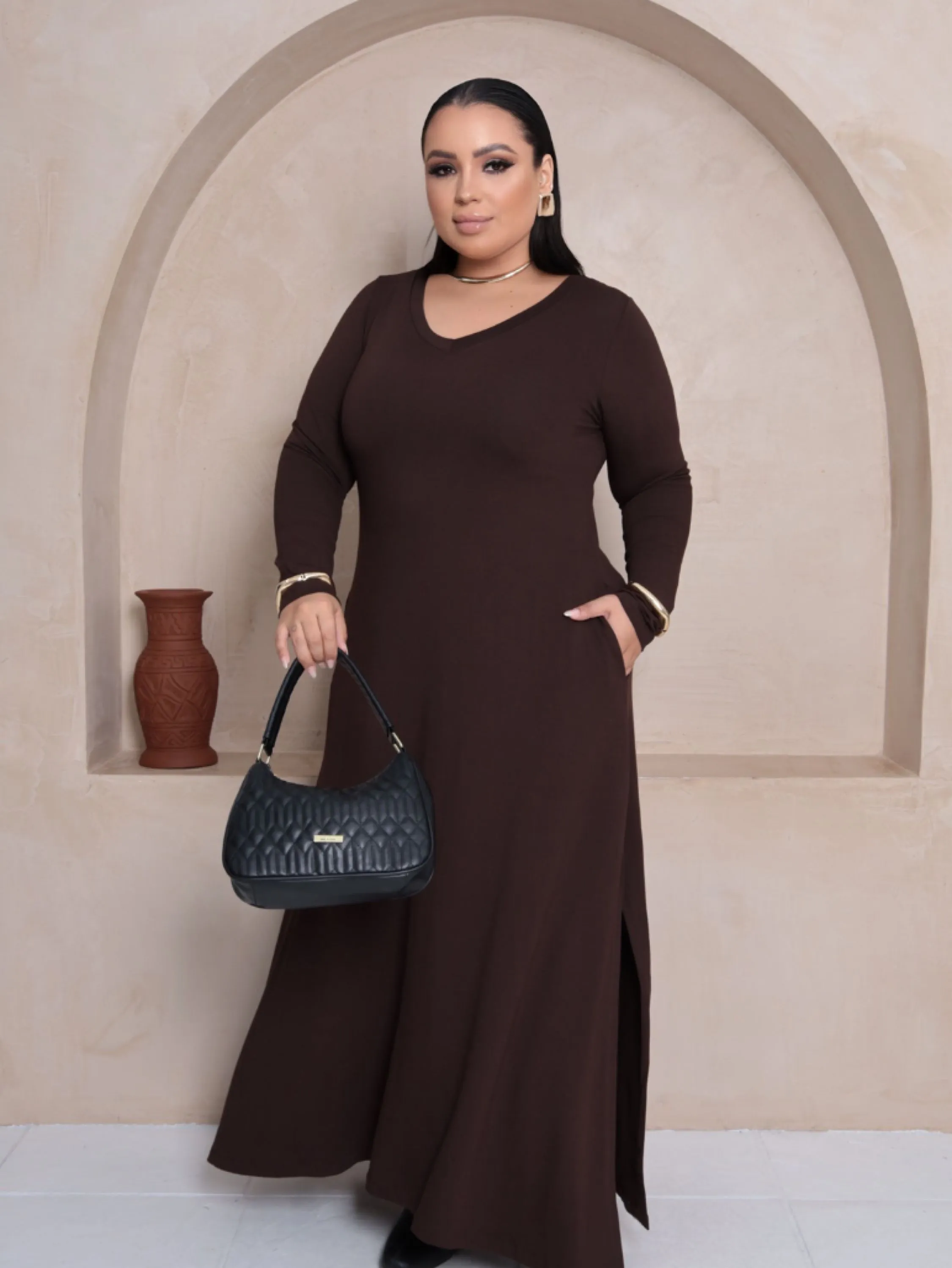 Vestido manga longa fenda Plus Size