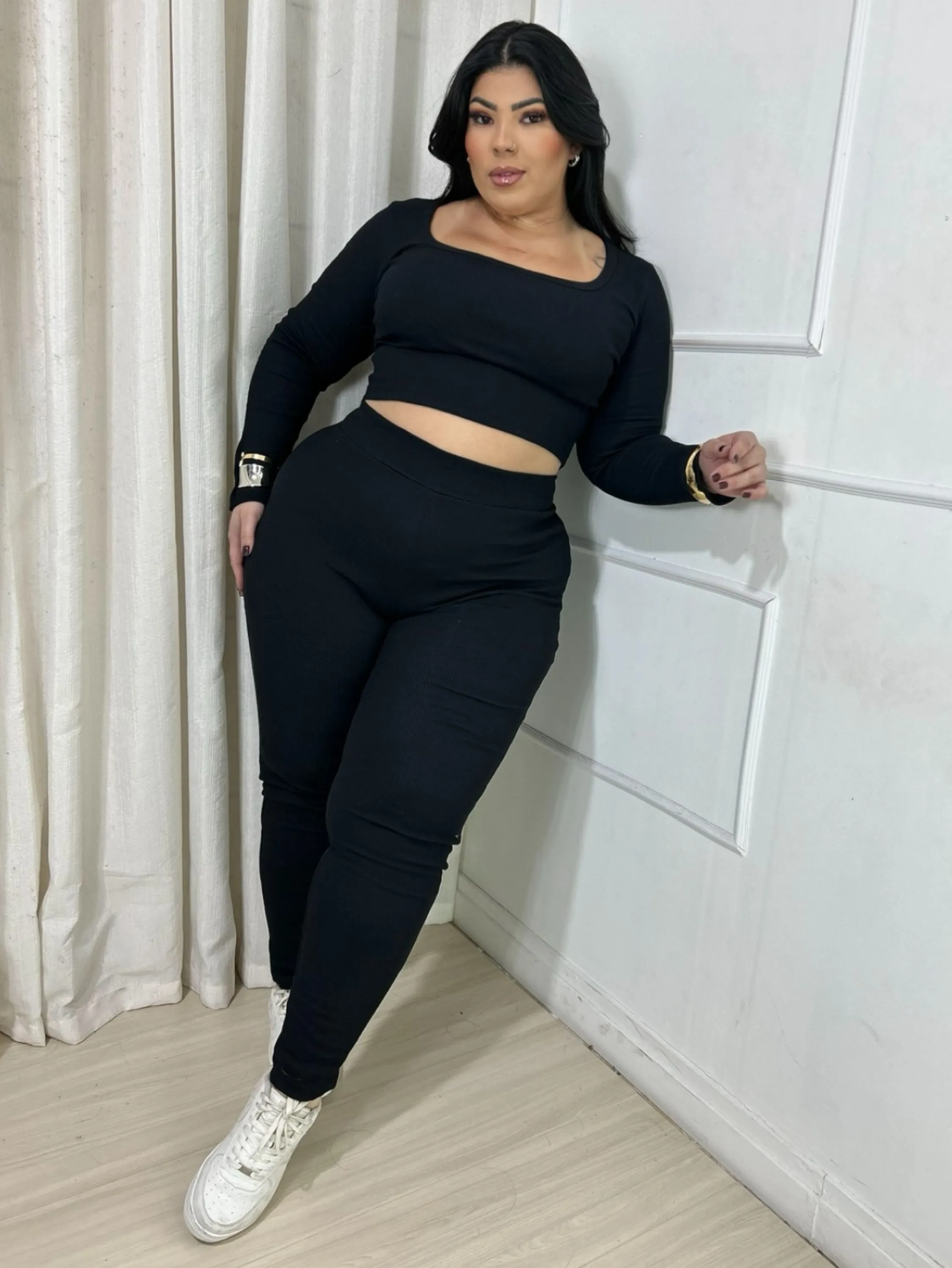 Conjunto ribana gola quadrada Plus Size