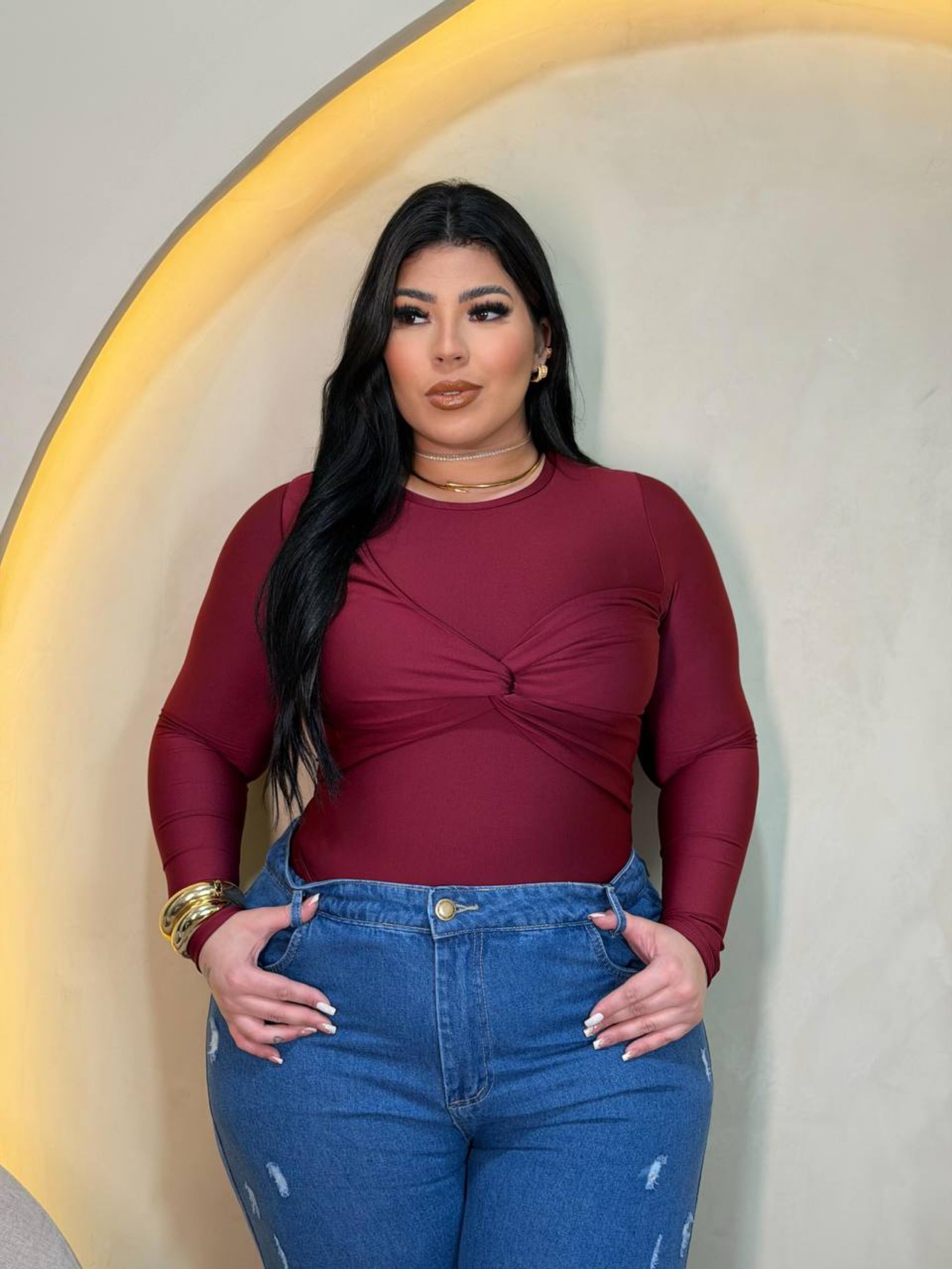 Body manga longa Ana Plus Size