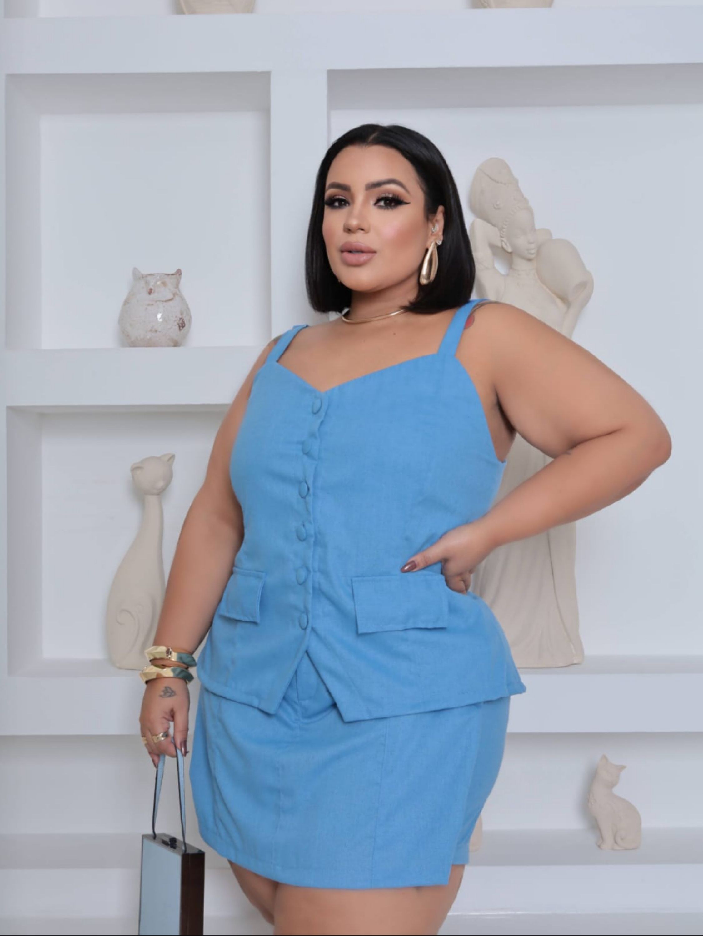 Conjunto shorts e saia linho Plus Size