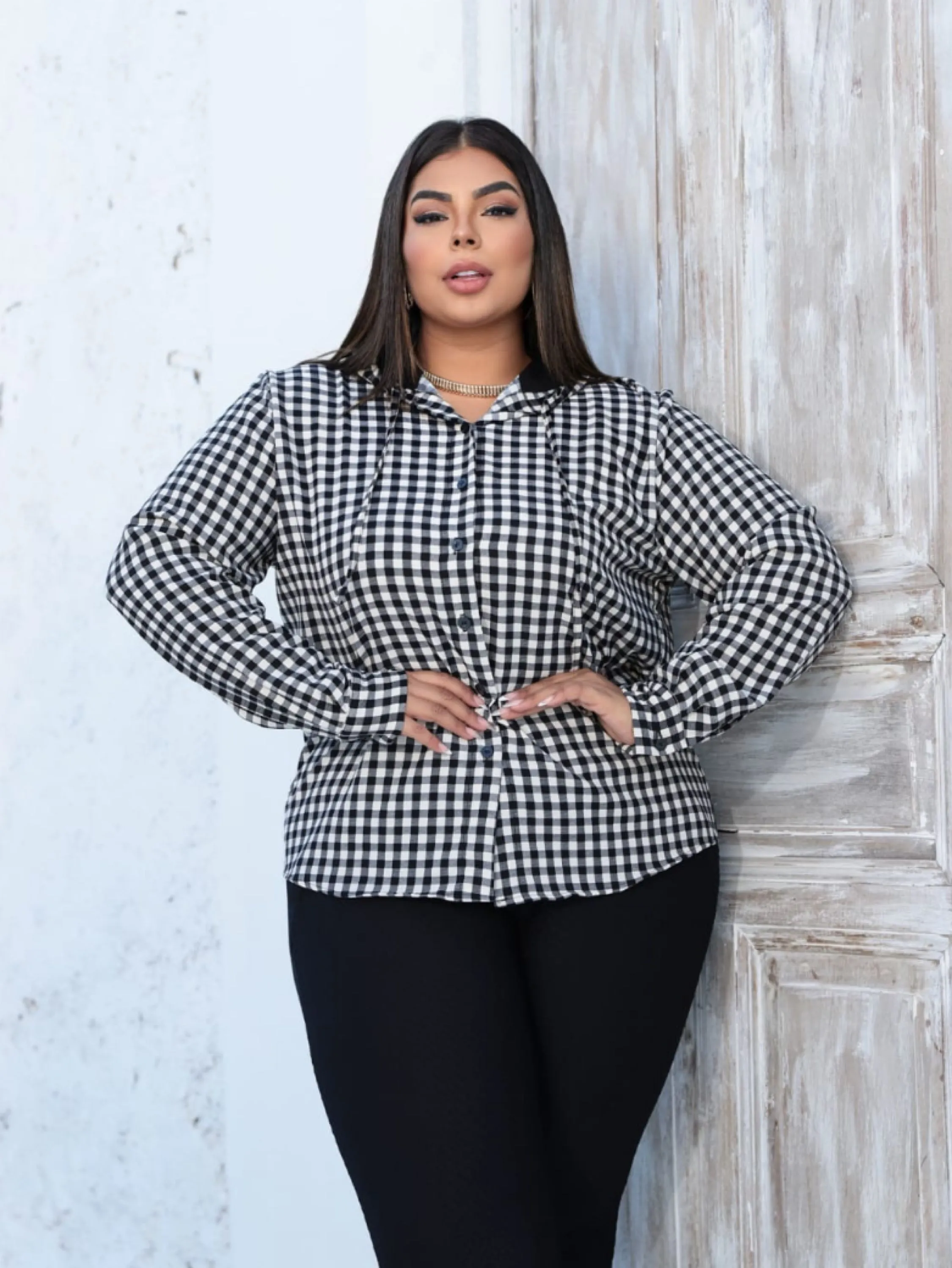 Camisa xadrez manga longa capuz Plus Size