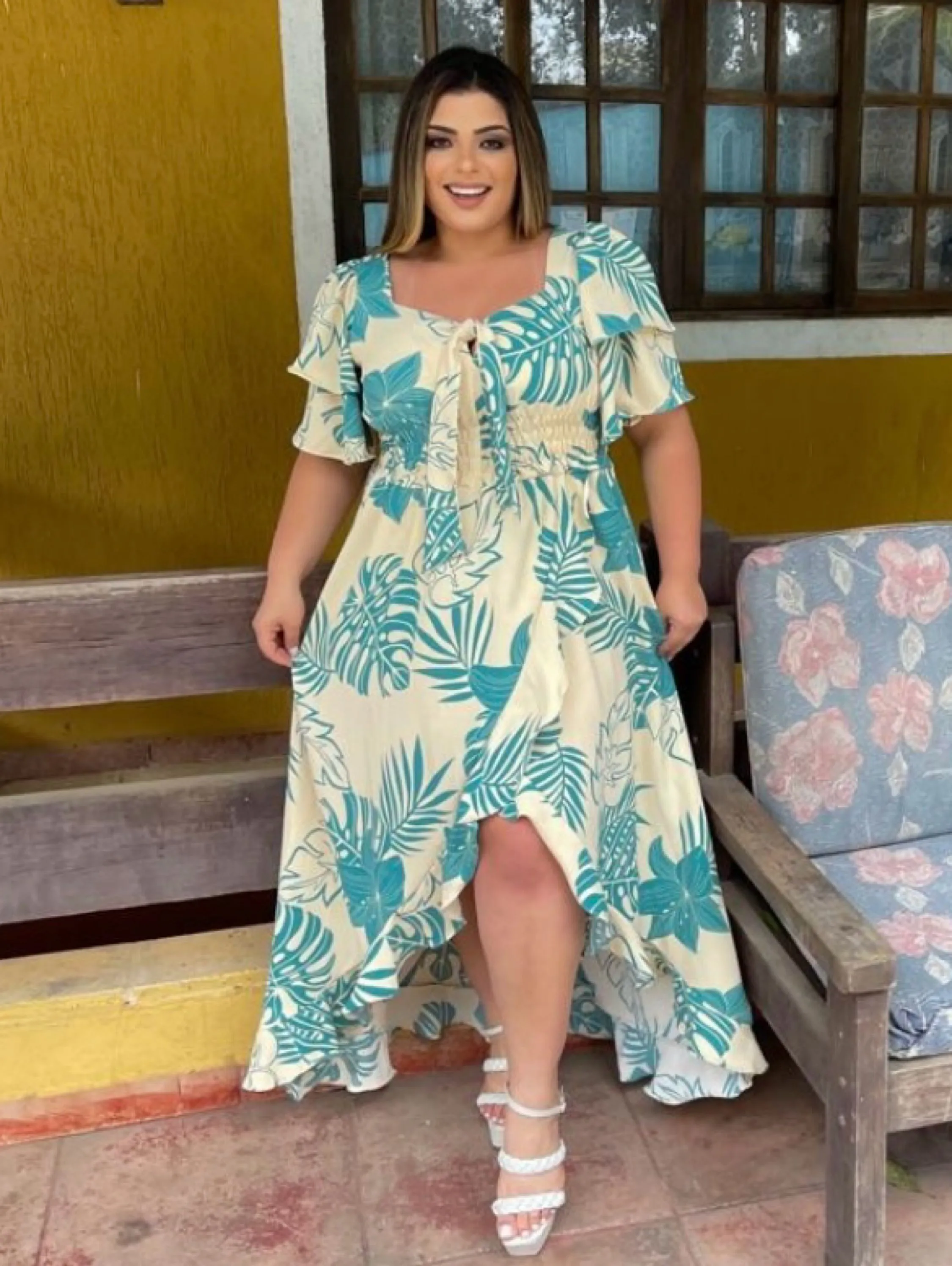 Vestido longo lastex-cintura Plus Size