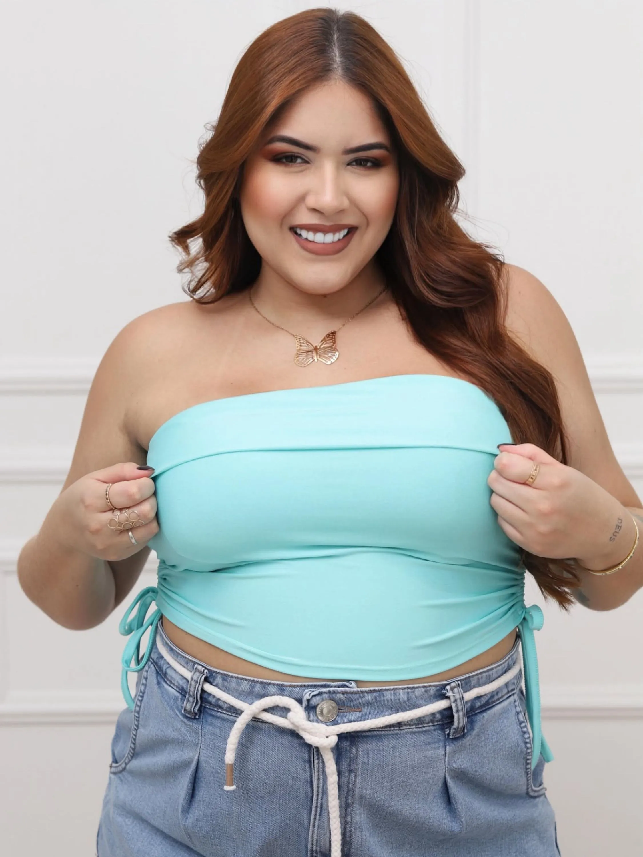Cropped tomara que caia franzido Plus Size