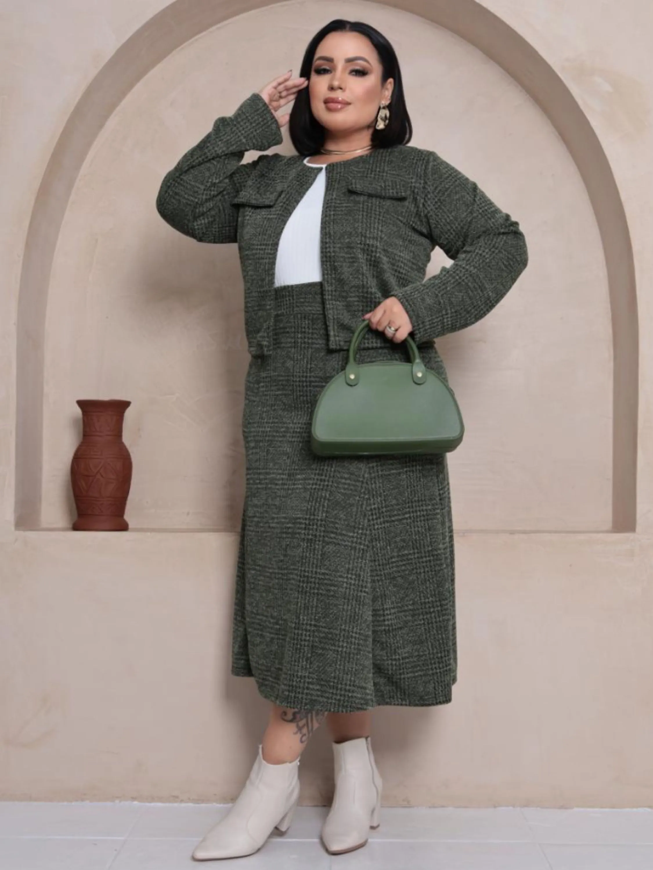 Conjunto saia longa tweed Plus Size
