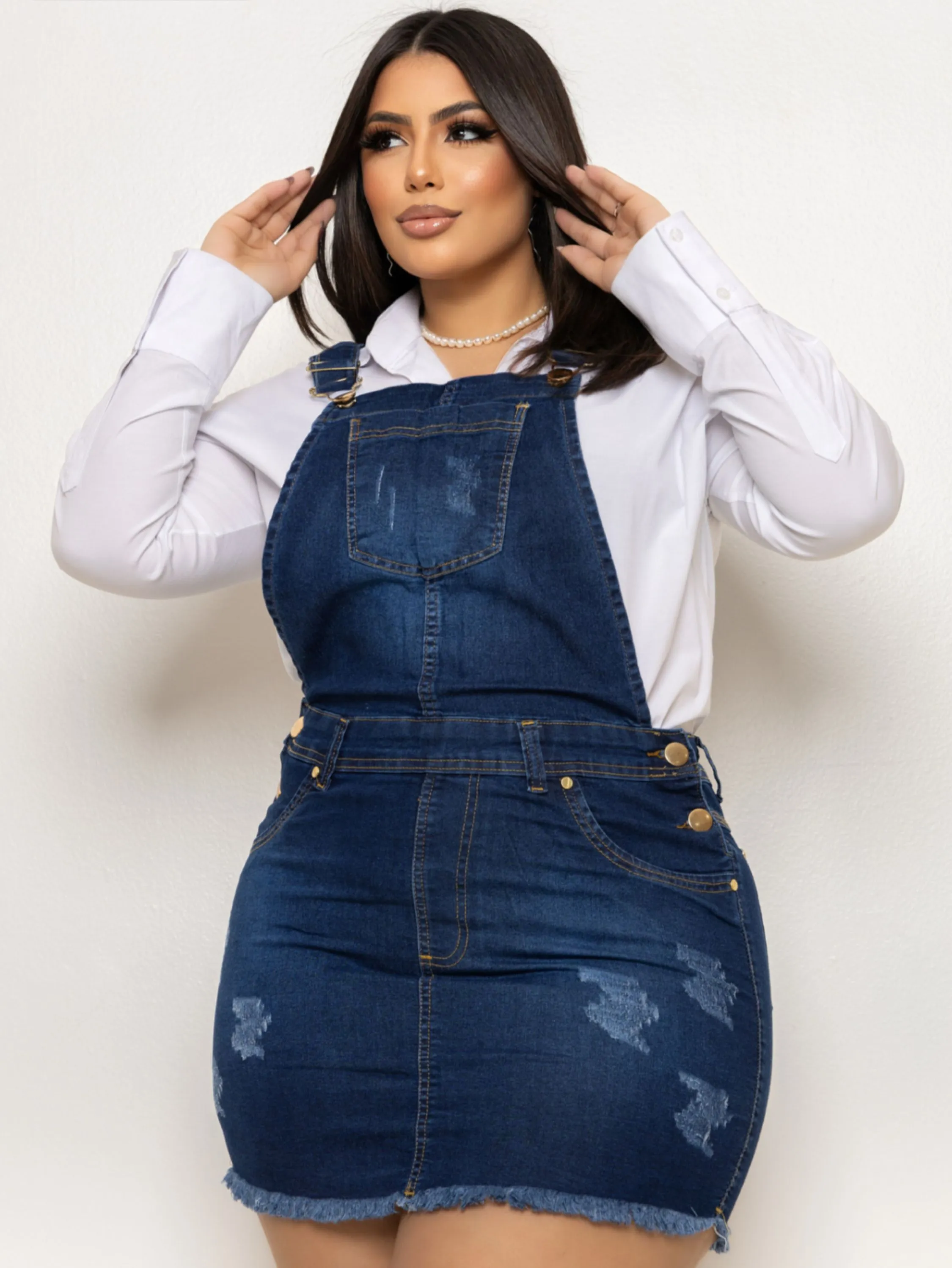 Jardineira jeans saia Plus Size