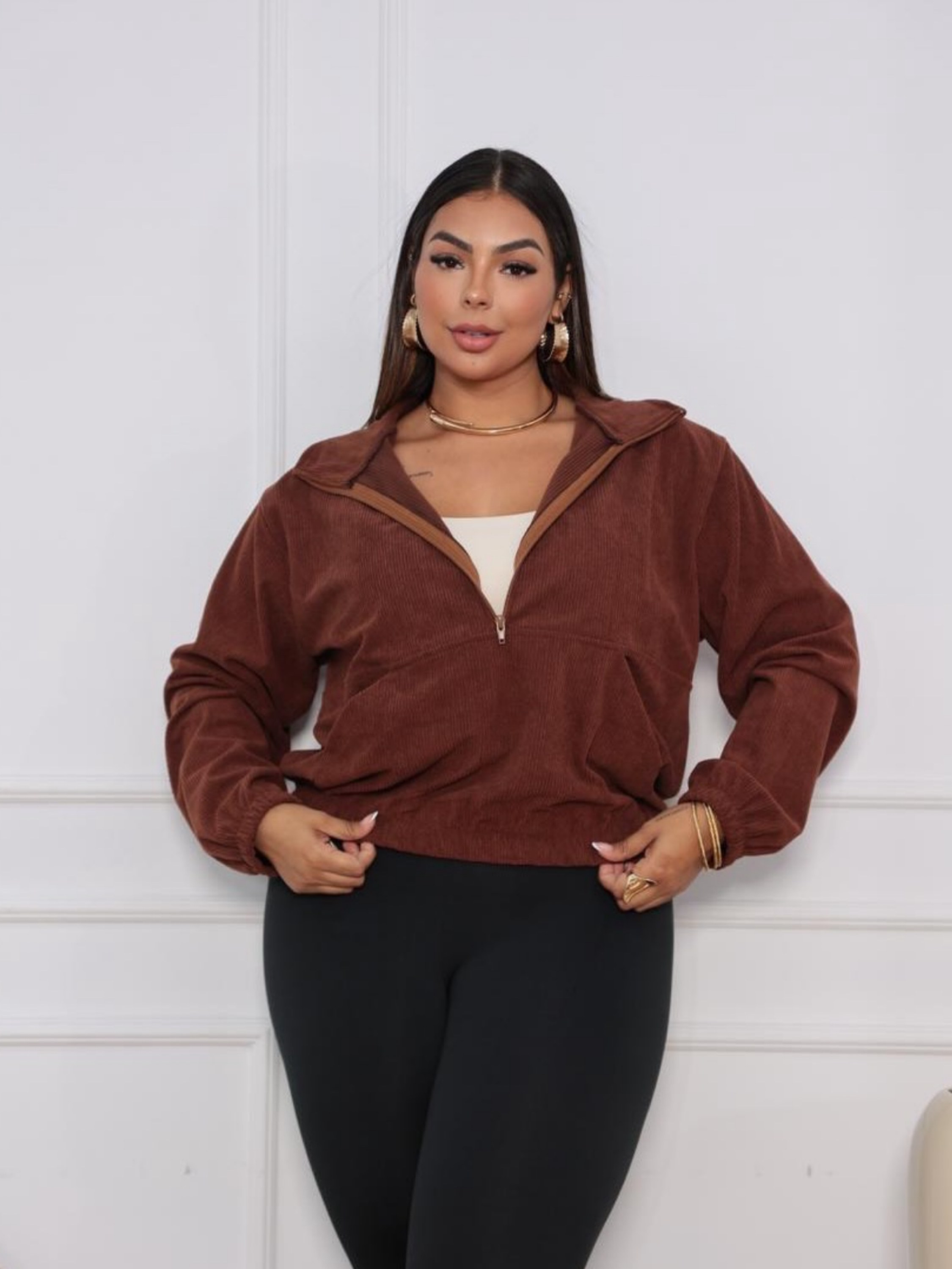 Jaqueta gola alta cotele Plus Size