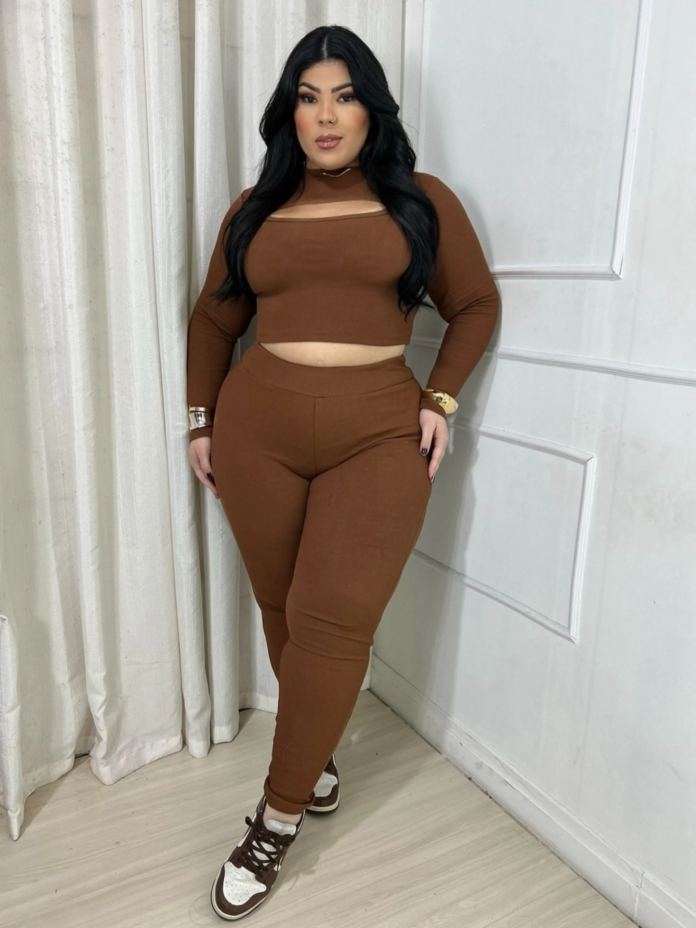 Conjunto ribana decote Plus Size
