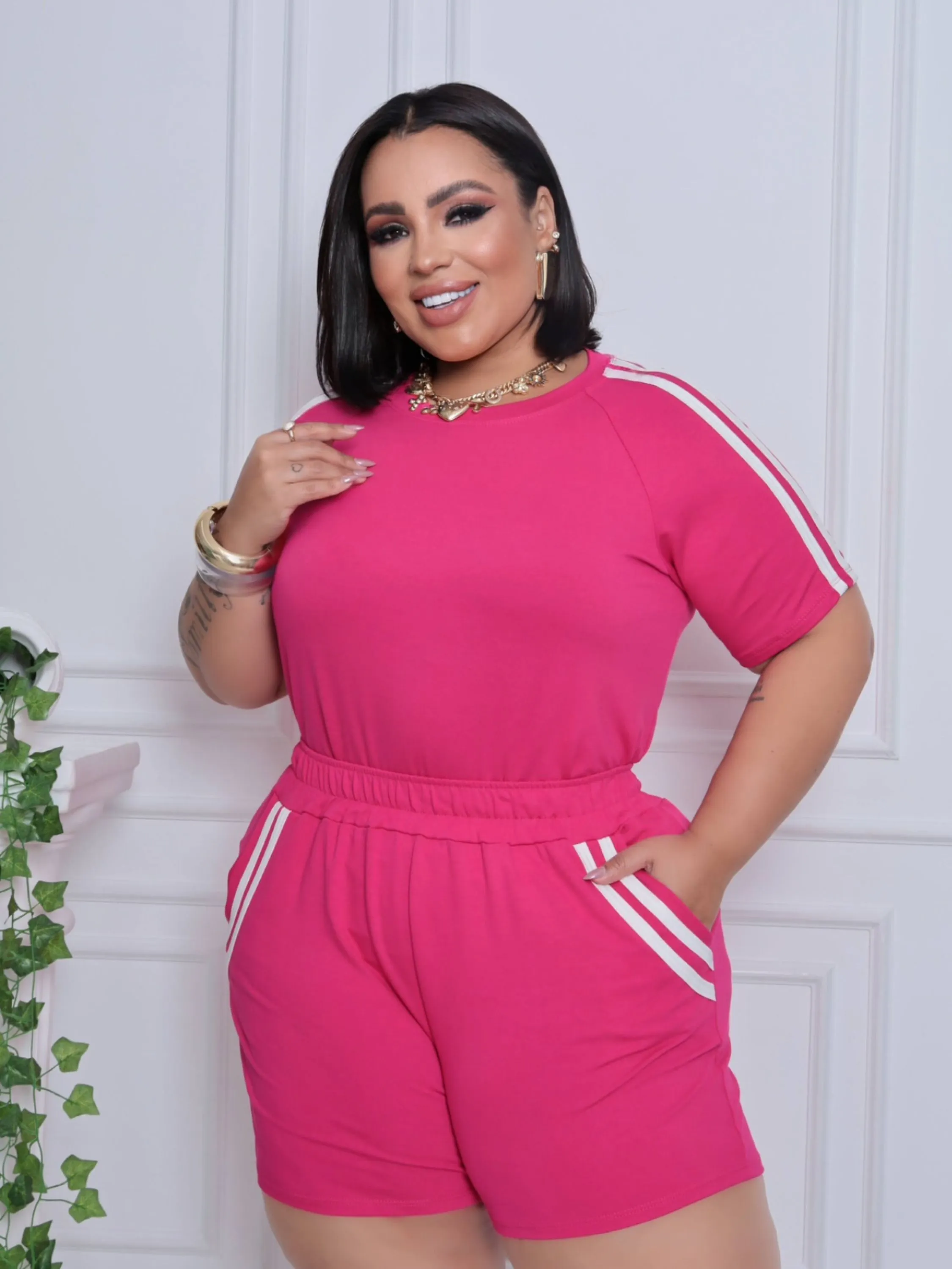 Conjunto moletinho listra Plus Size