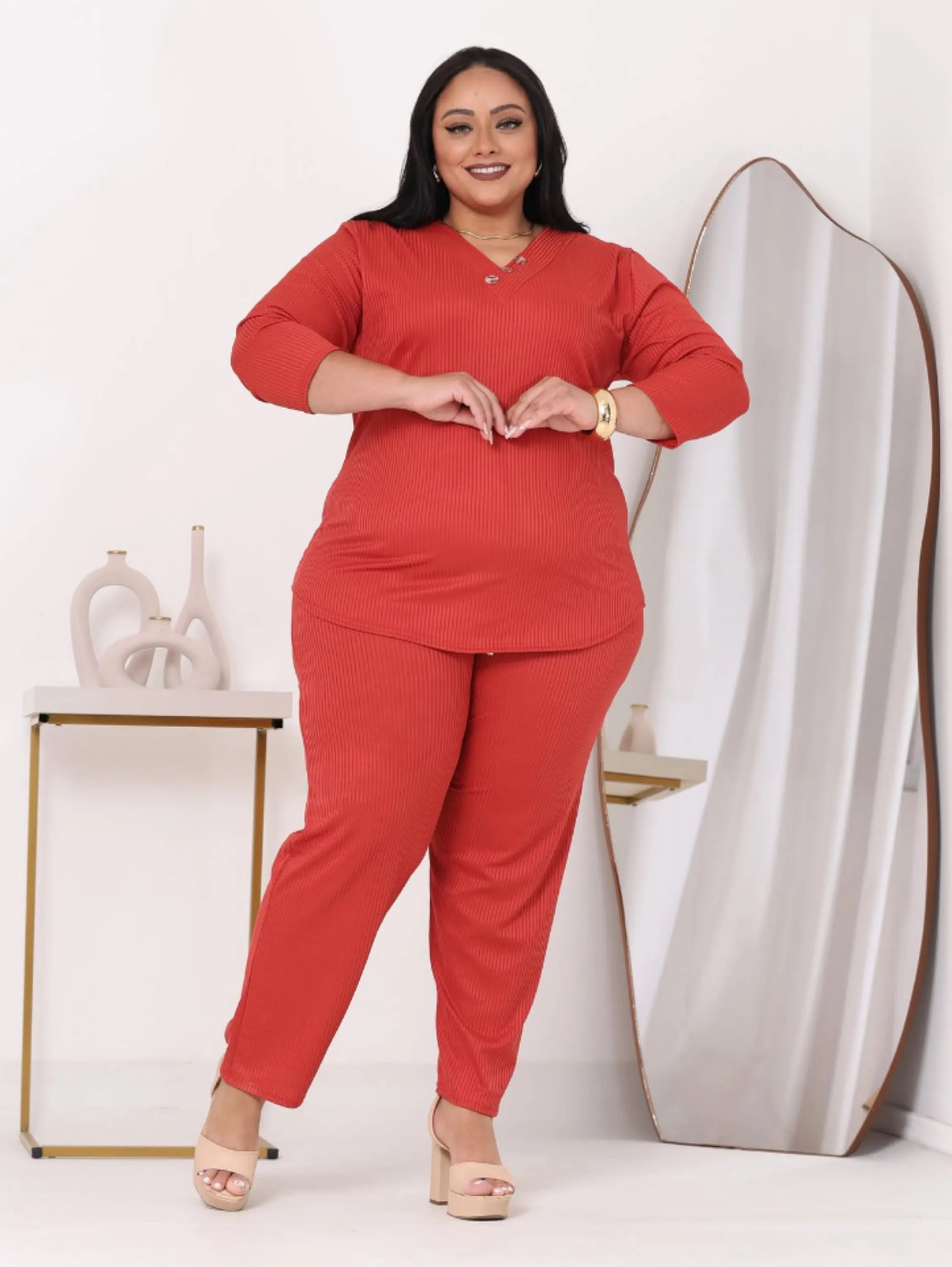 Conjunto manga longa canelado Plus Size