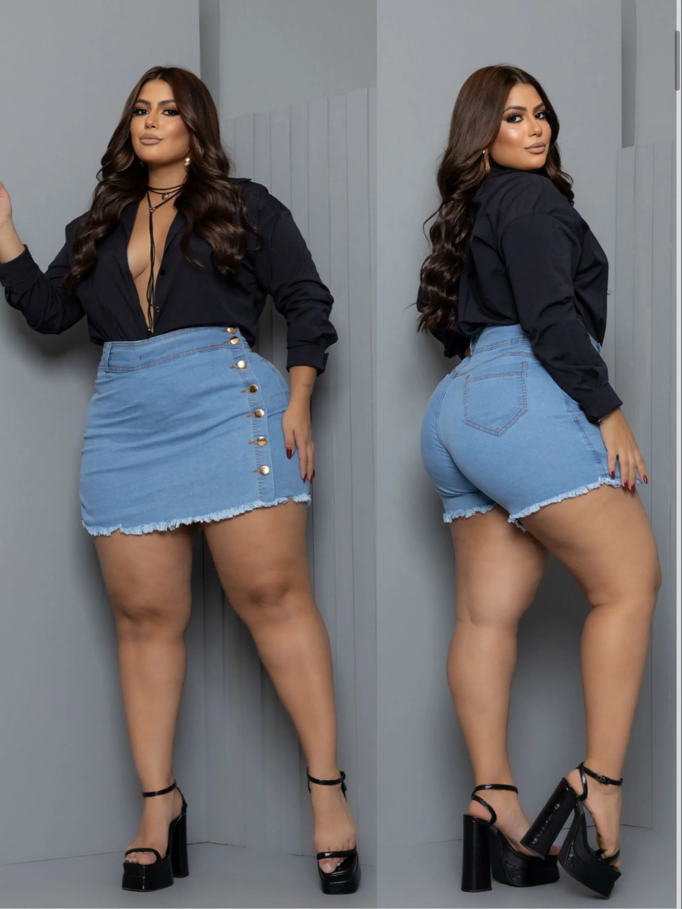 Shorts saia jeans botão Plus Size