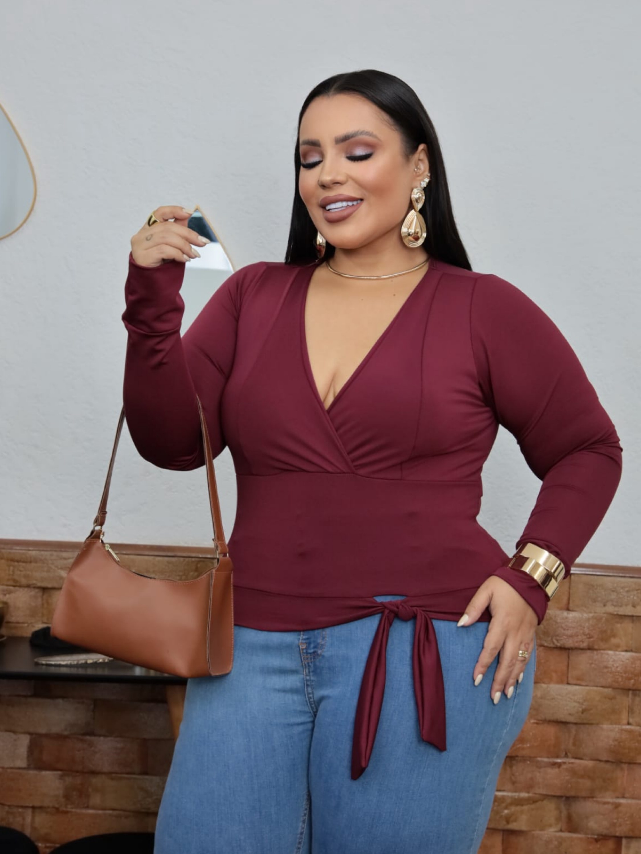 Cropped amarração manga longa Plus Size