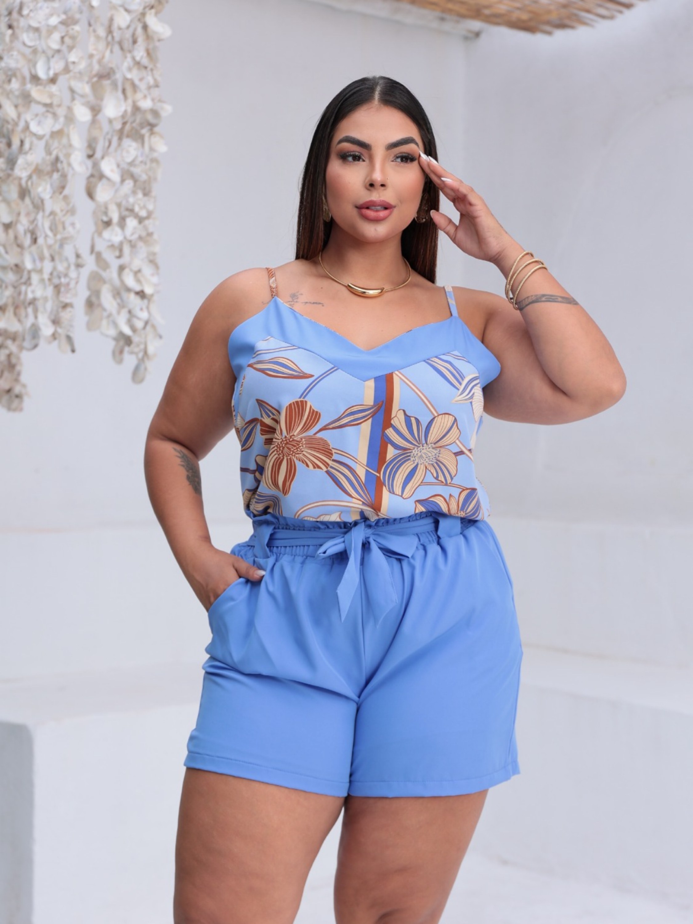 Conjunto crepinho alça fina Plus Size