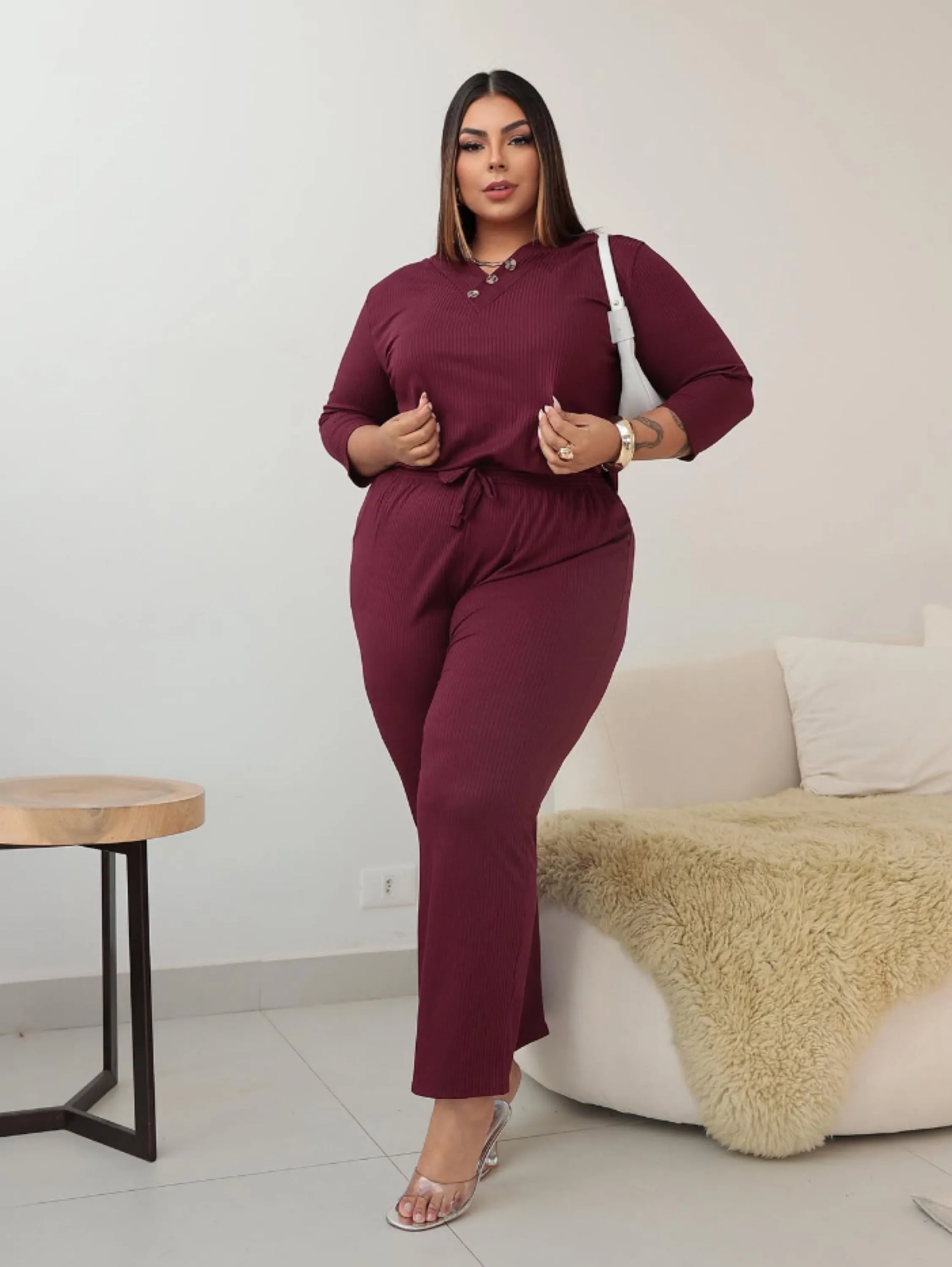 Conjunto manga longa canelado Plus Size