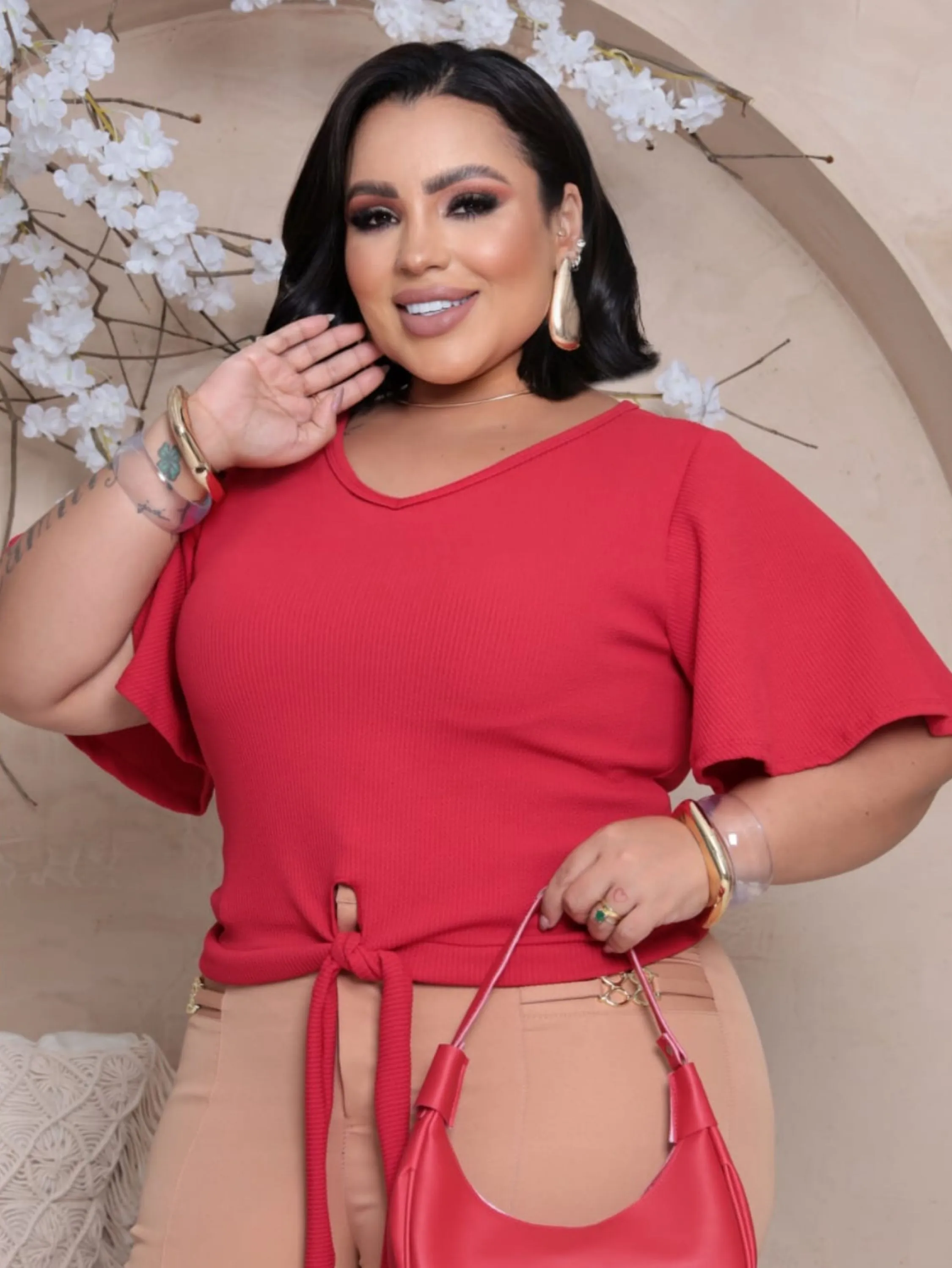 Blusa amarração manguinha Plus Size