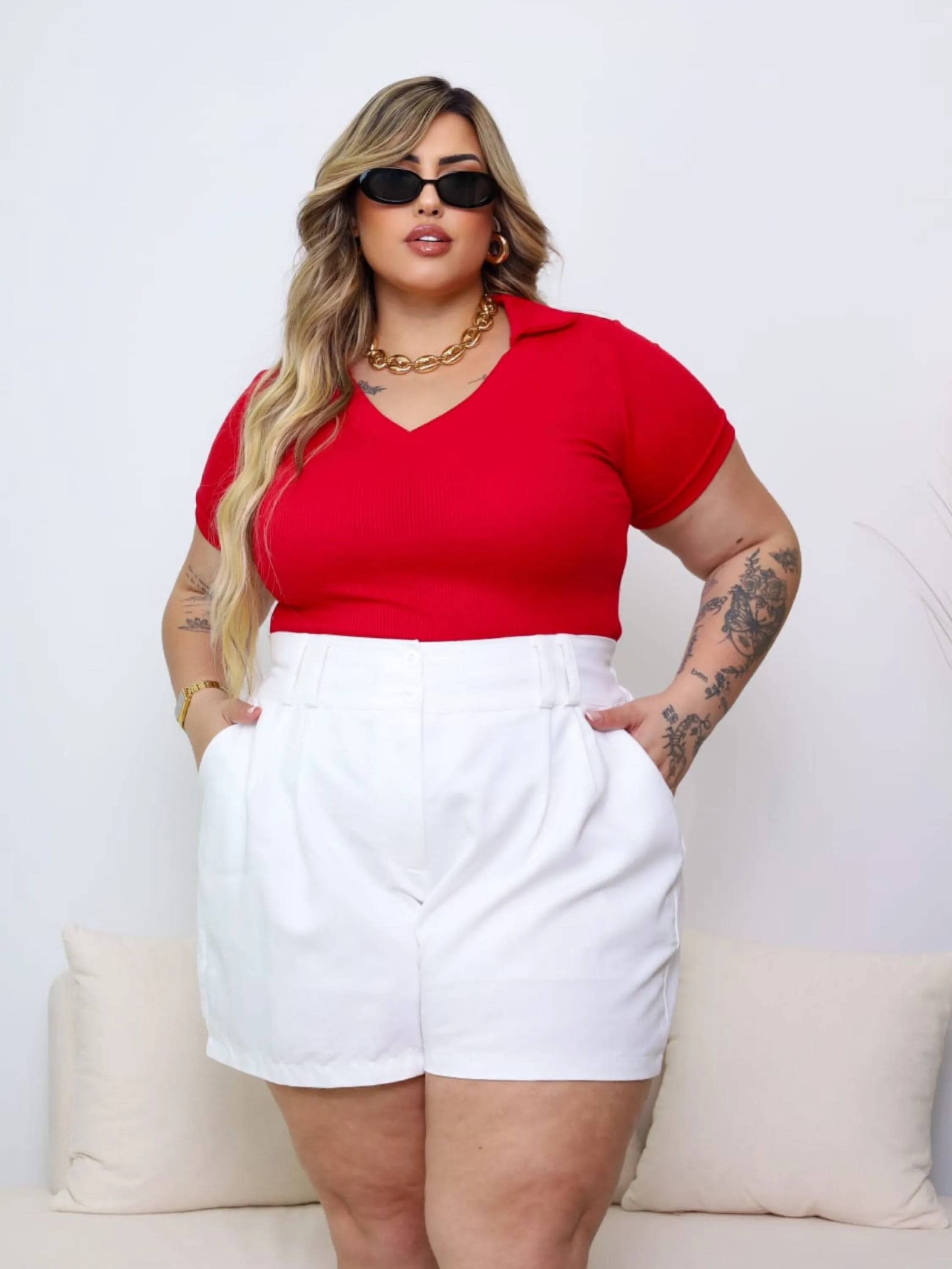 Shorts plissado Plus Size