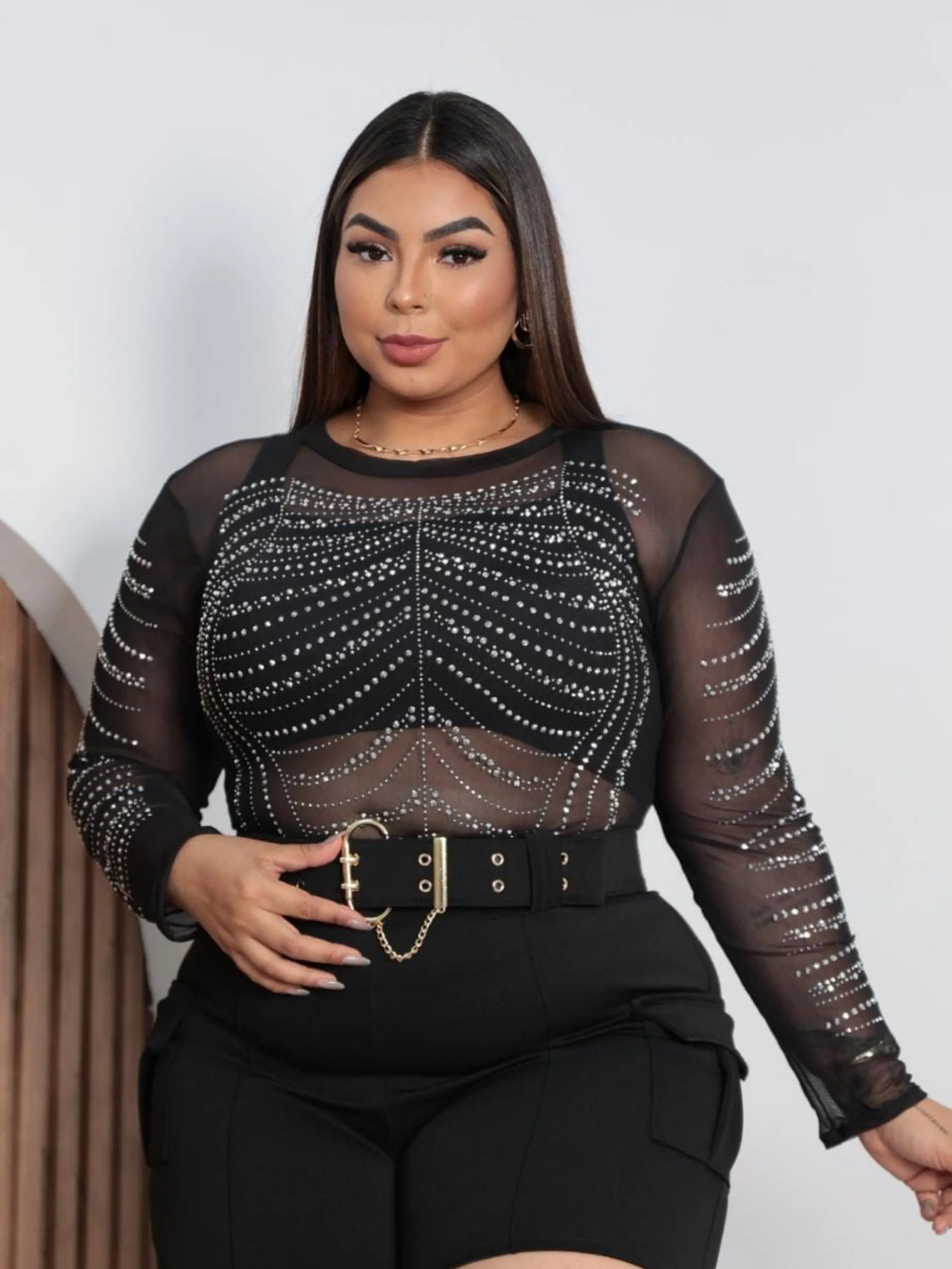Body tule manga longa strass Plus Size