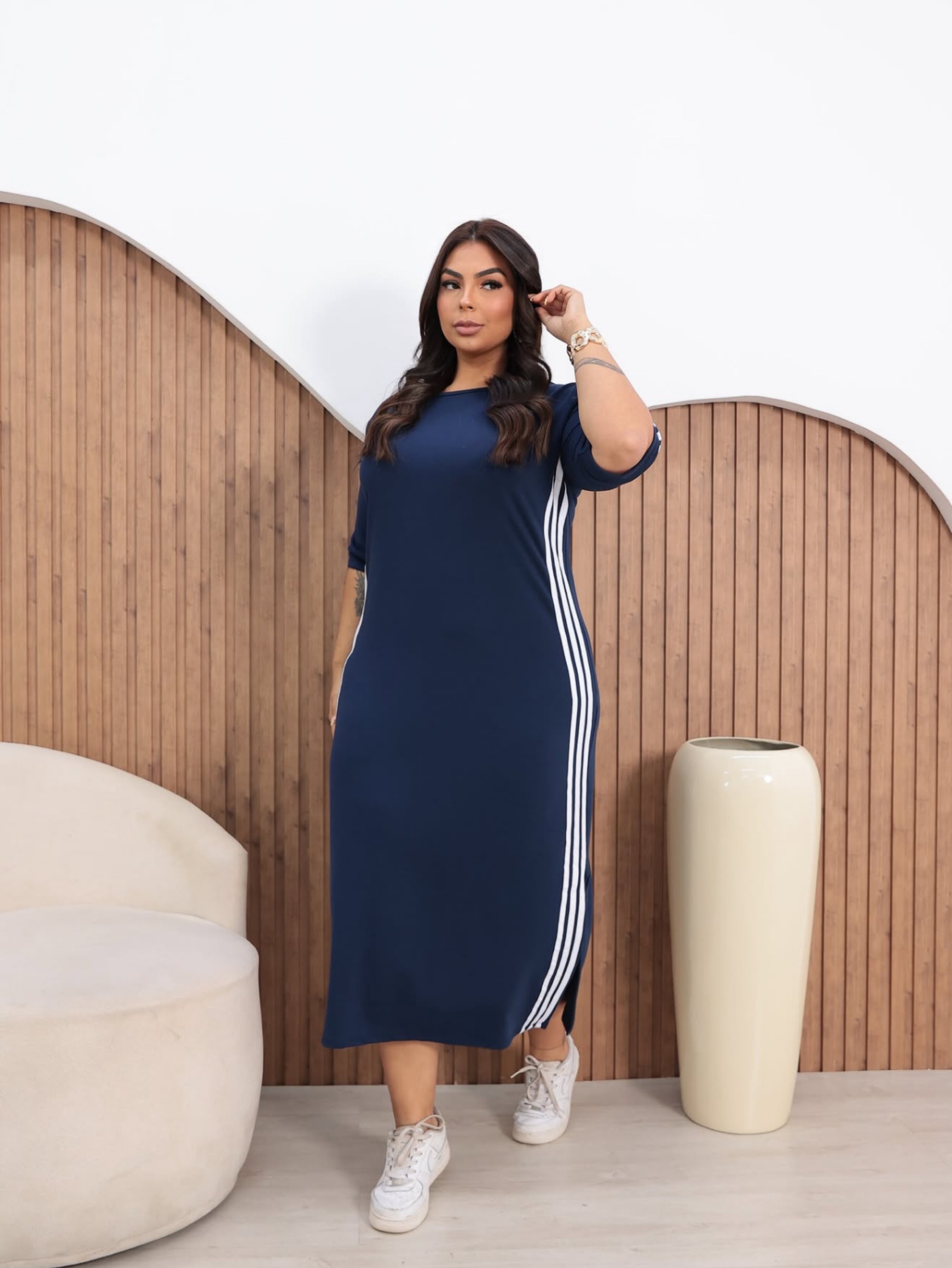 Vestido mídi listra Plus Size