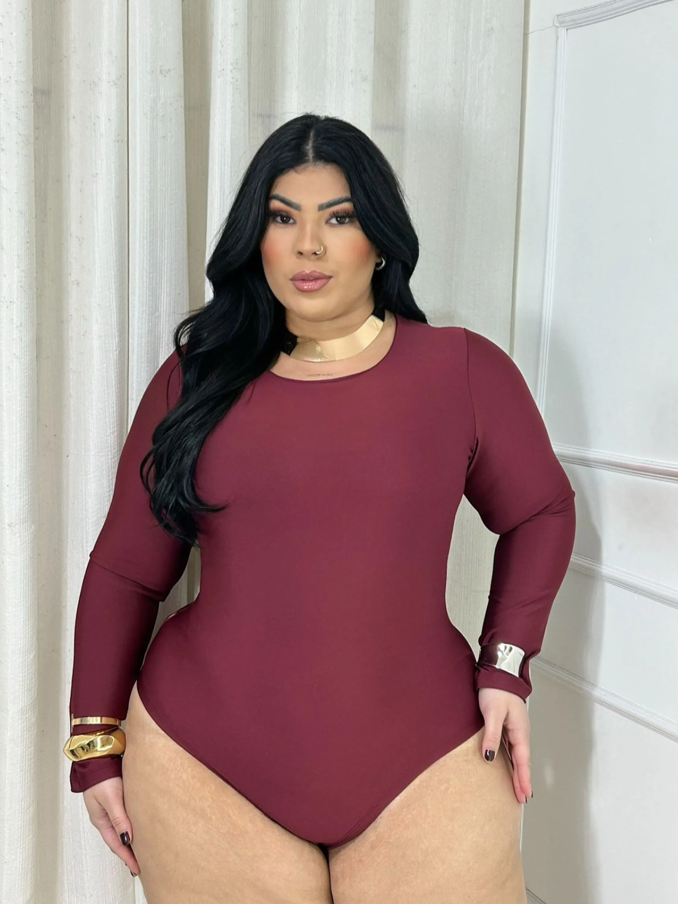 Body manga longa gola redonda Plus Size