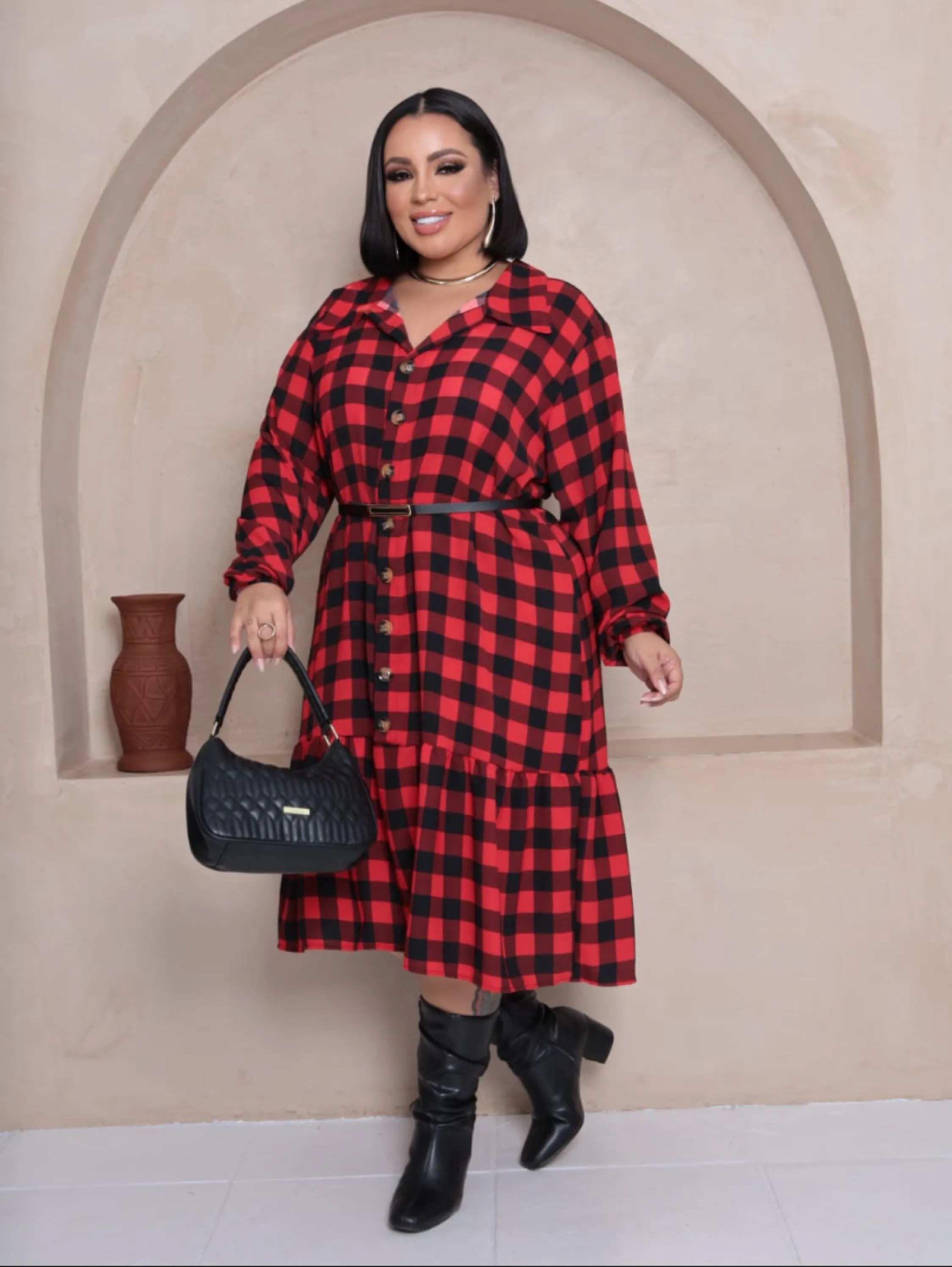 Chamise xadrez midi Plus Size