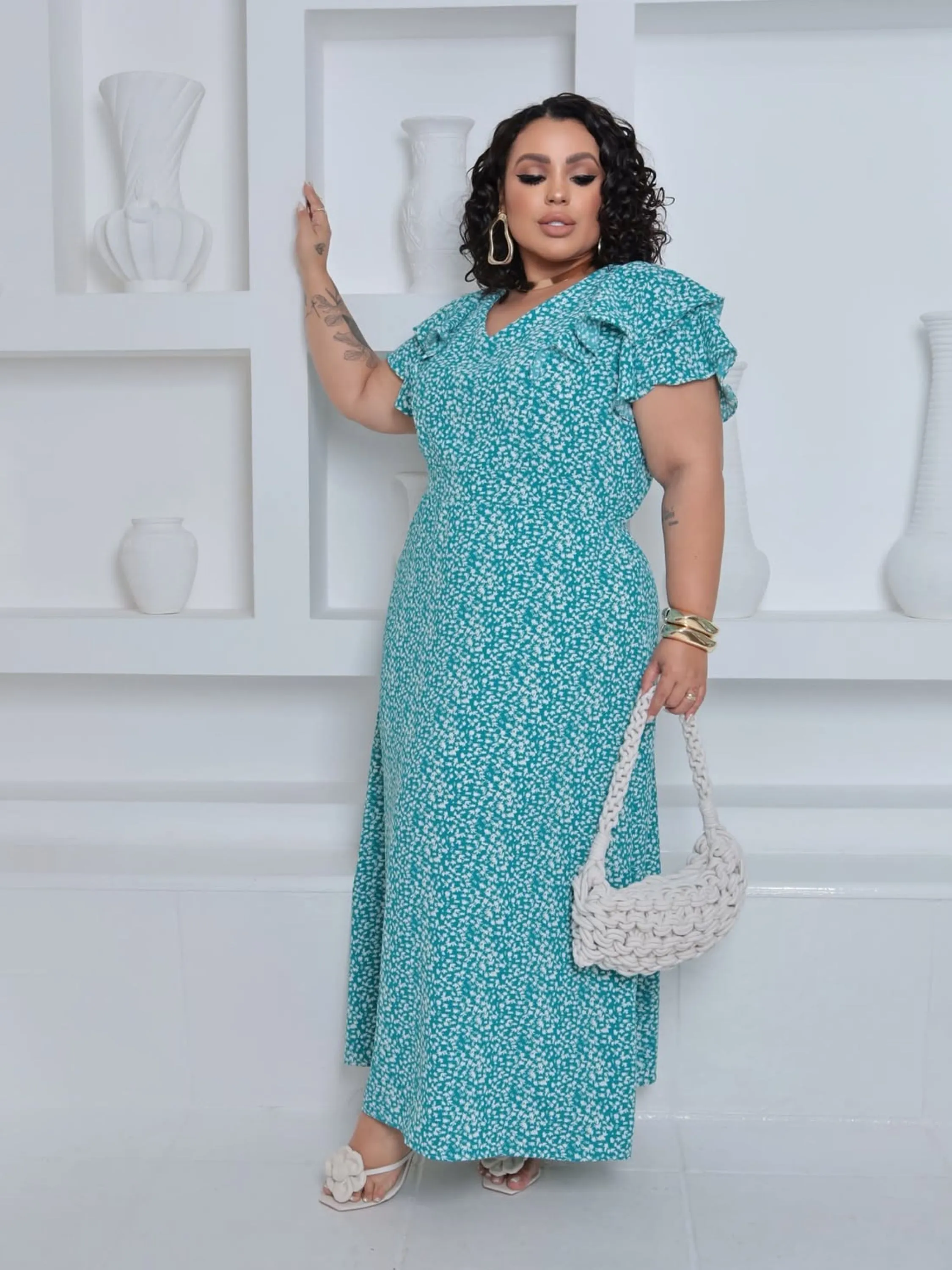 Vestido longo manguinha Lina Plus Size