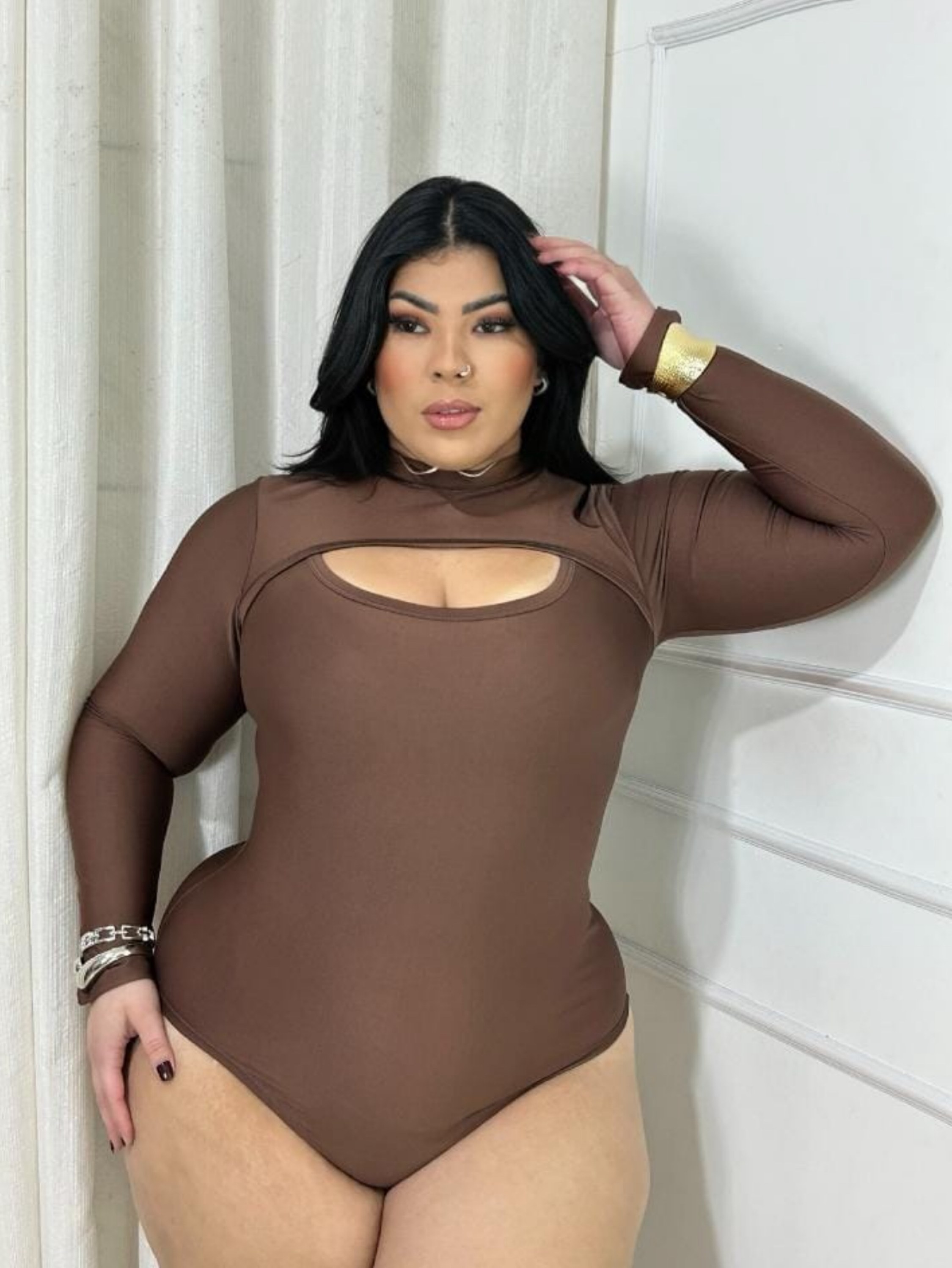 Body decote manga longa Plus Size