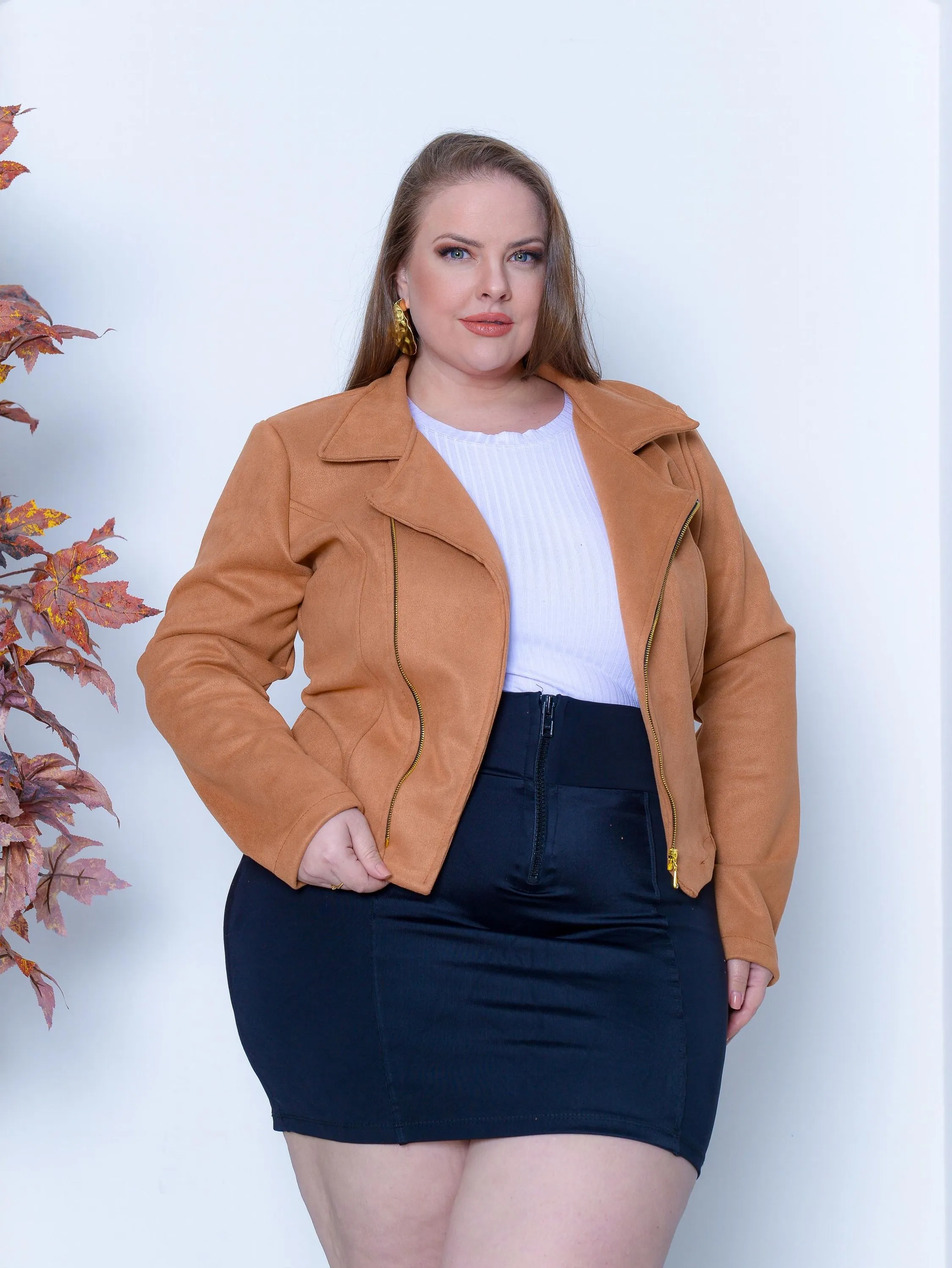 Casaco suede zíper Plus Size