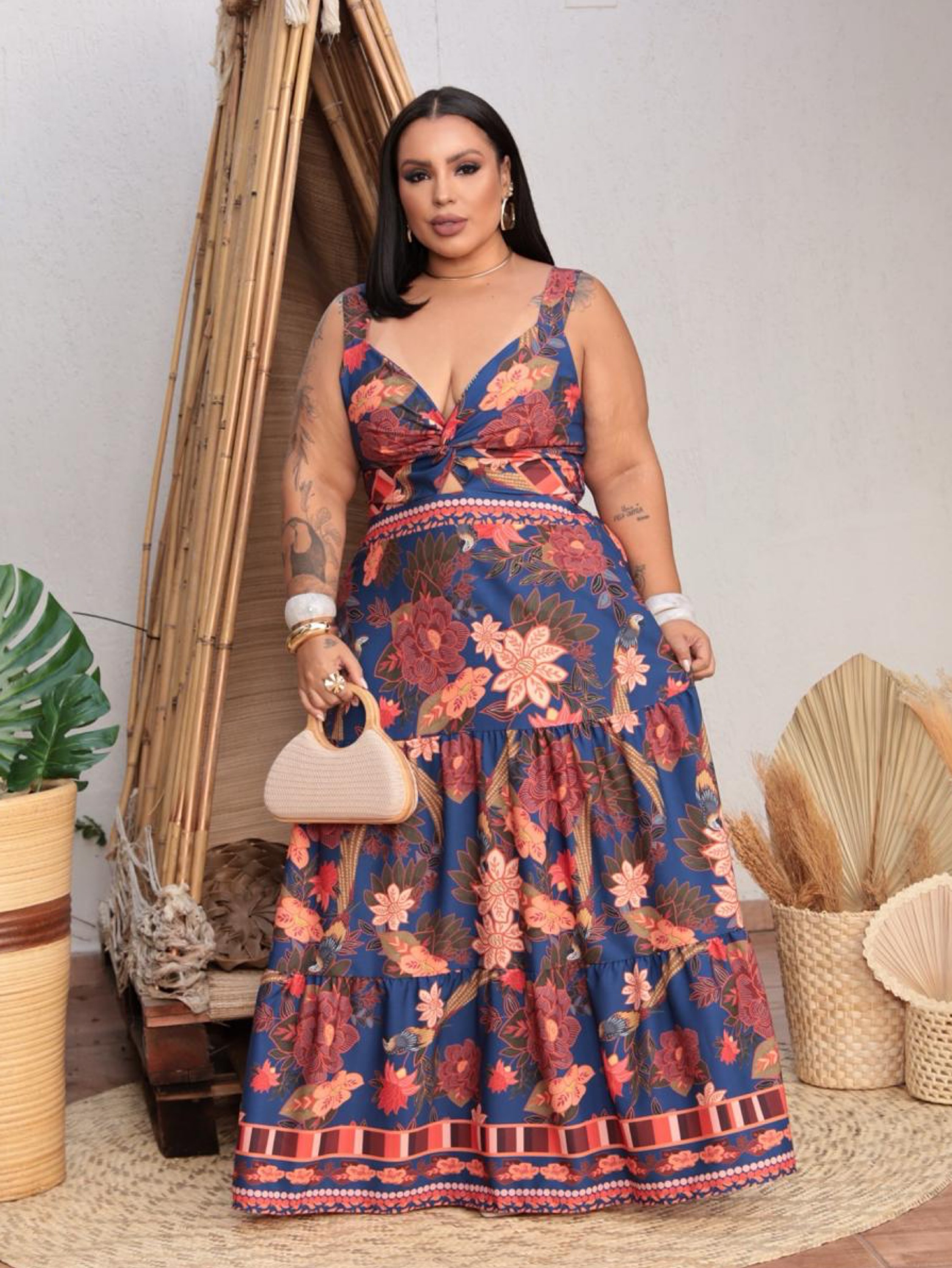 Vestido longo nó estampado Plus Size