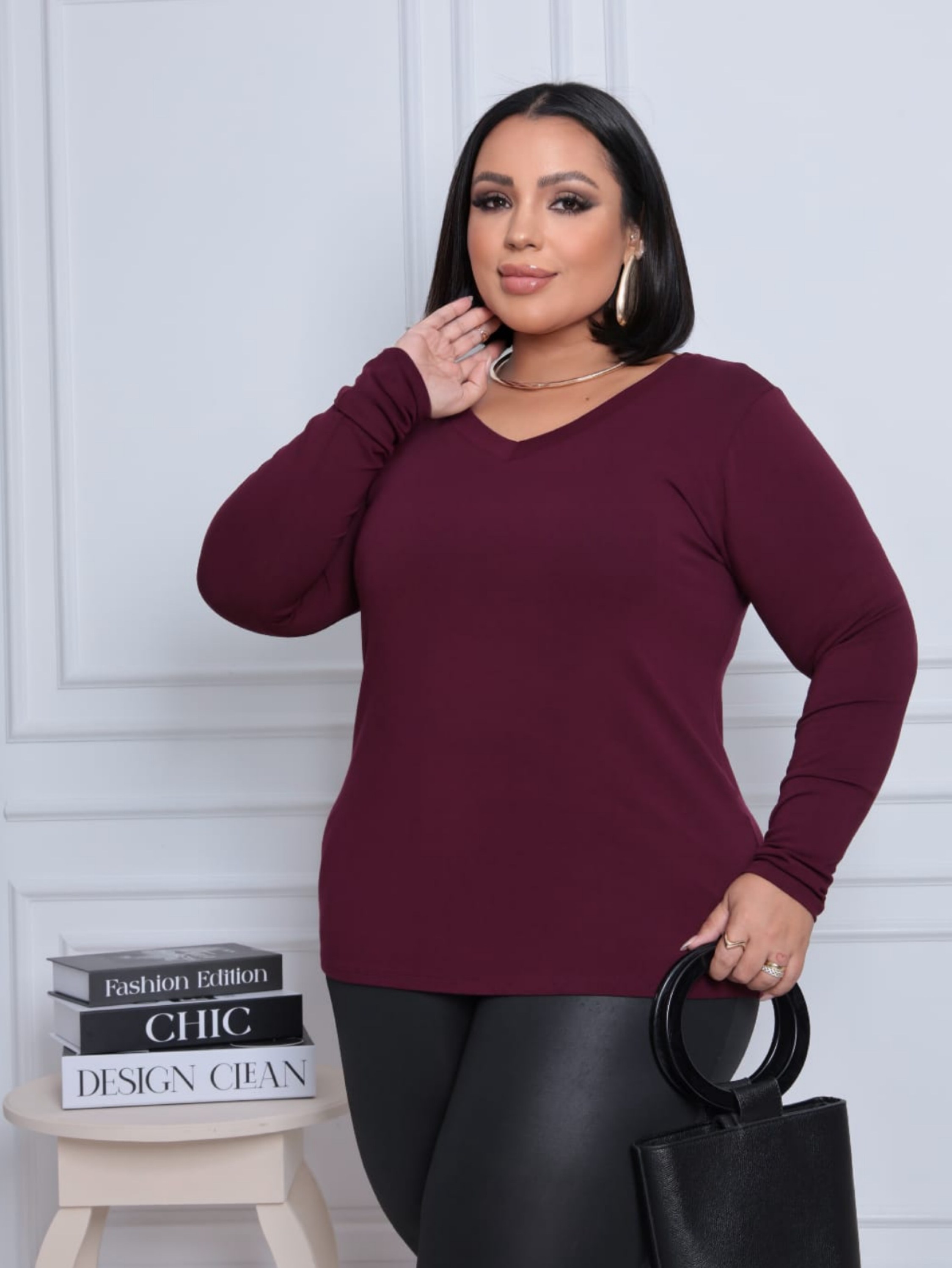 Blusa manga longa básica Plus Size