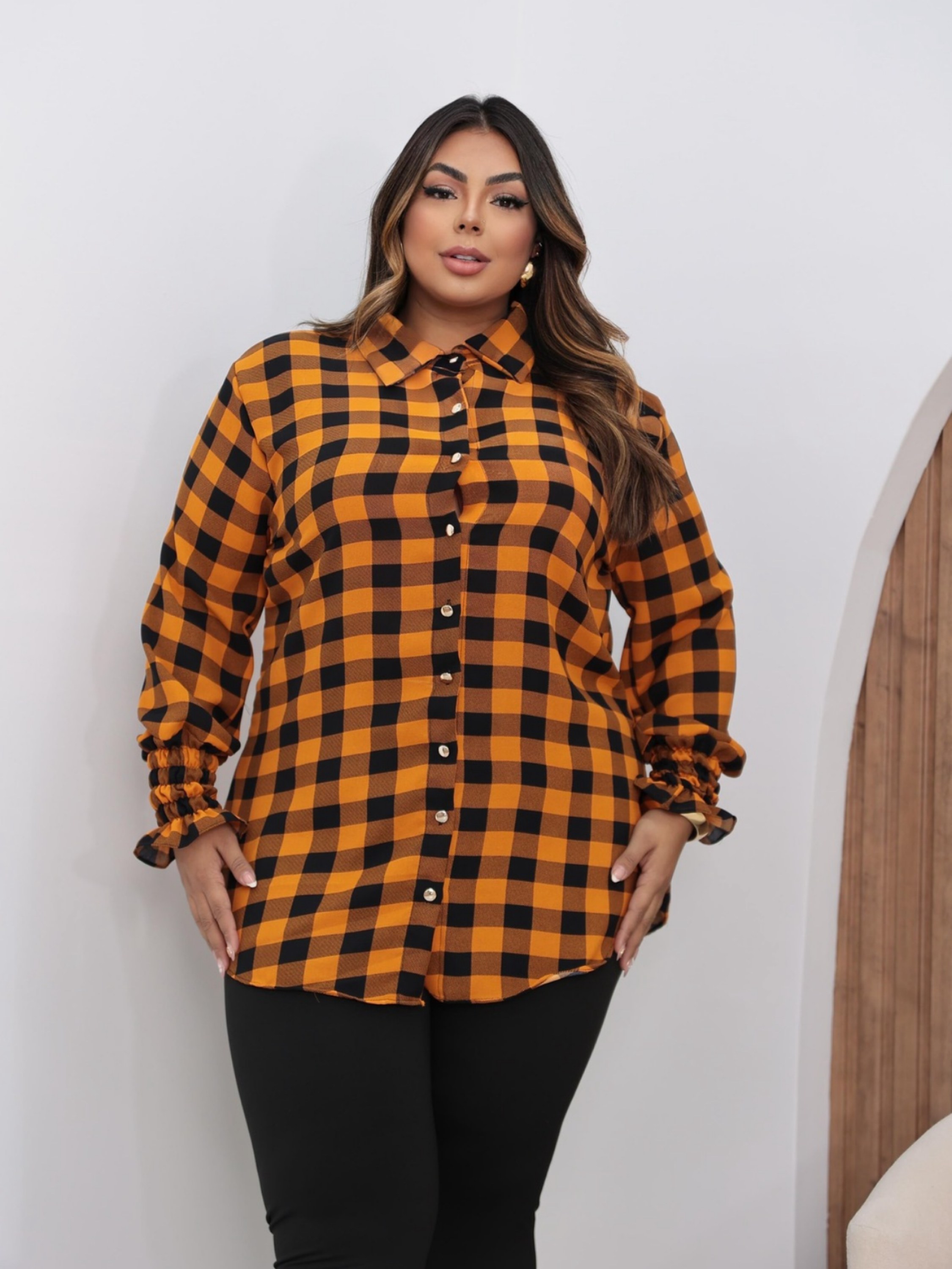 Chamise xadrez manga longa Plus Size