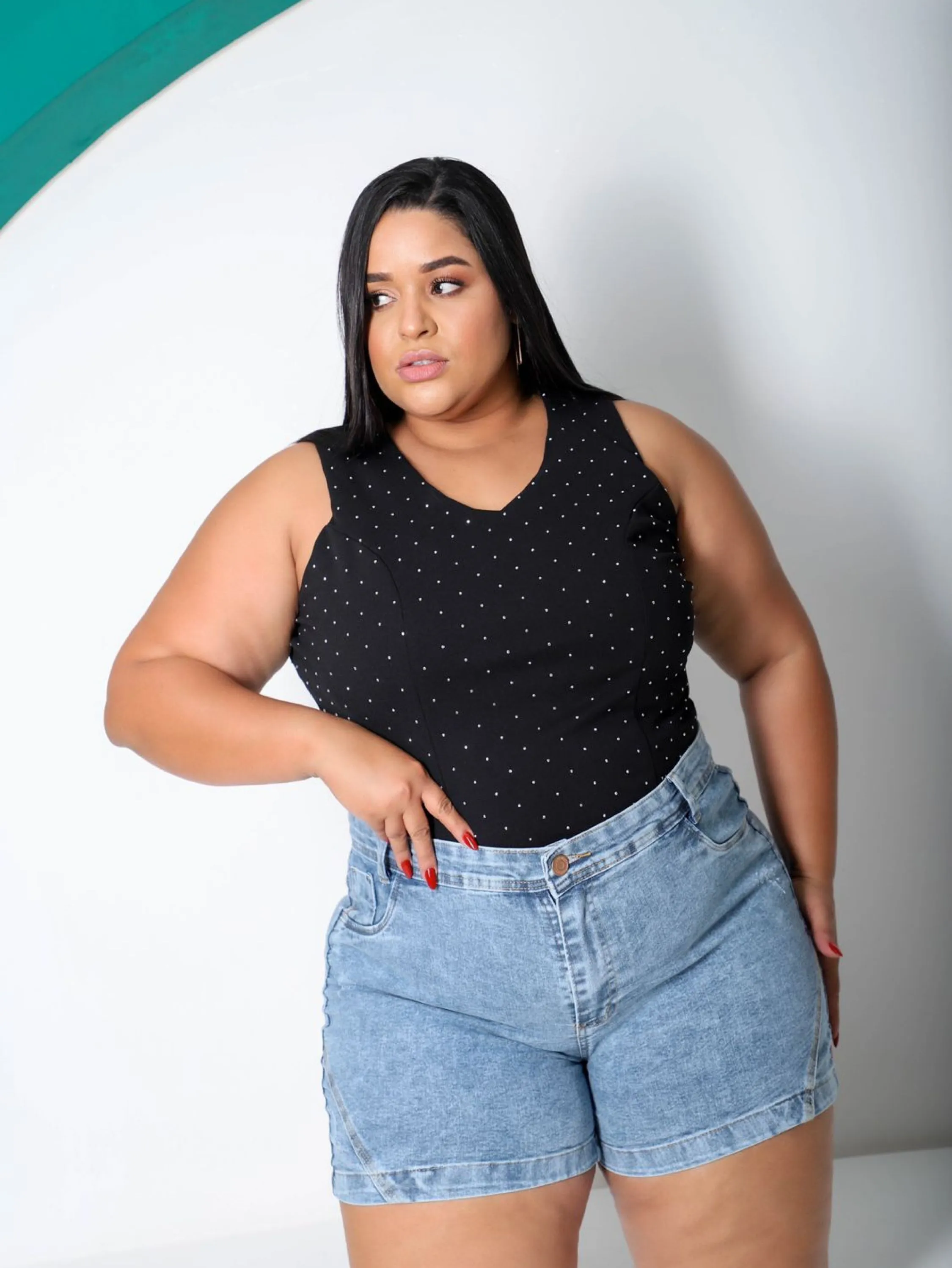 Meia coxa jeans feminina plus size cintura alta com elastano triângulo marmorizada