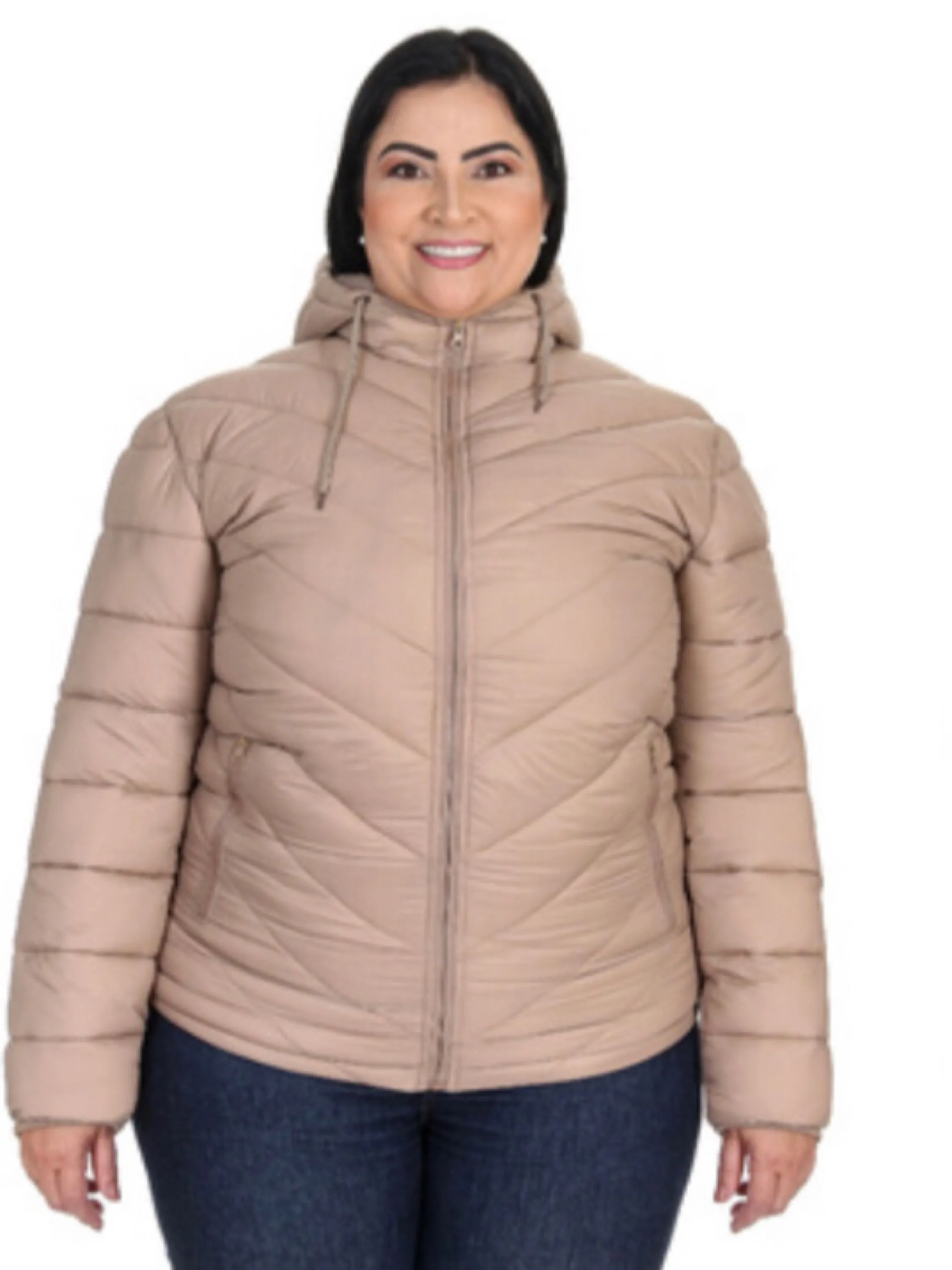 Jaqueta puffer feminina plus size forrada com pelo