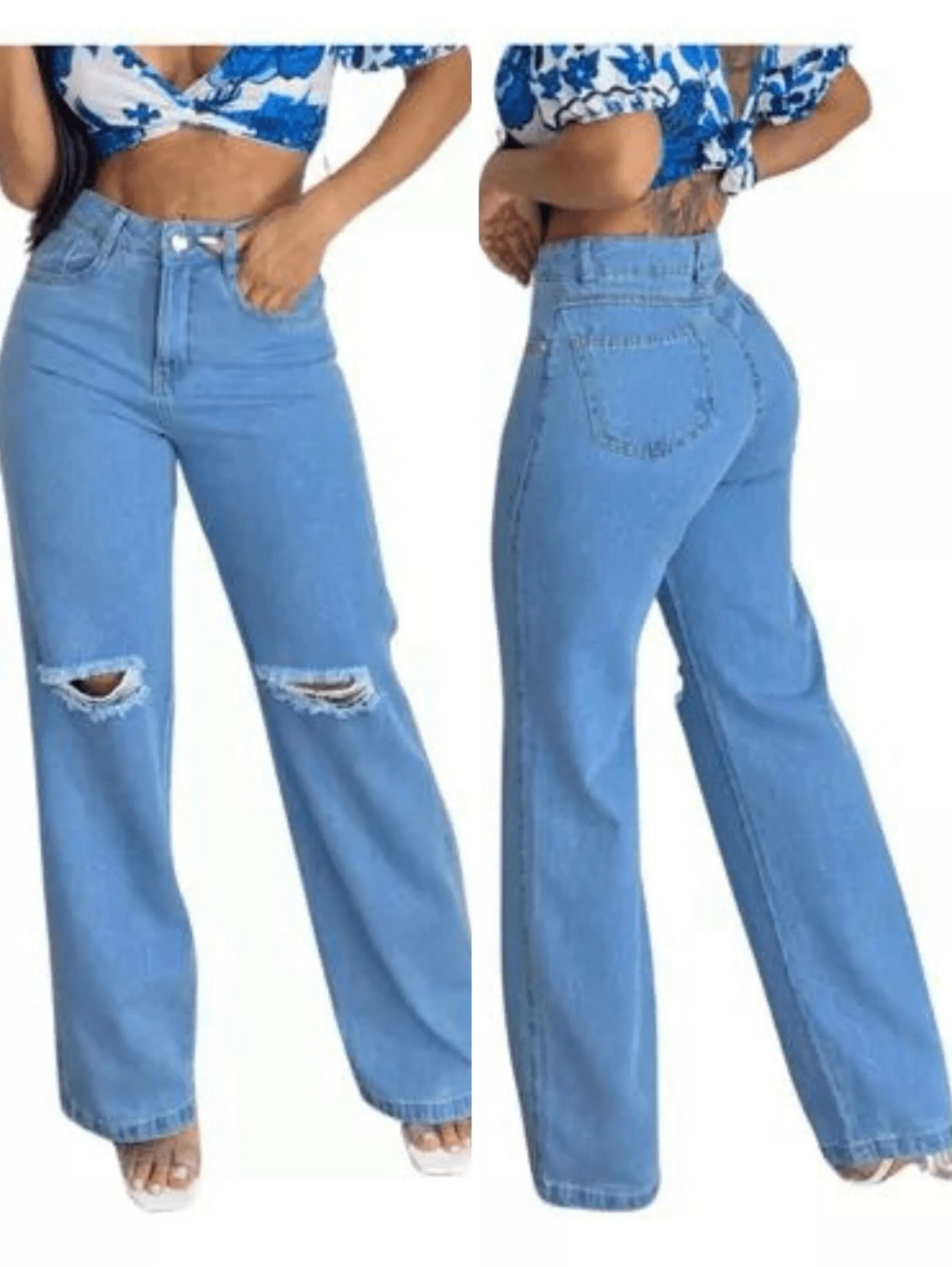 Wide leg jeans feminina lavagem media rasgada no joelho