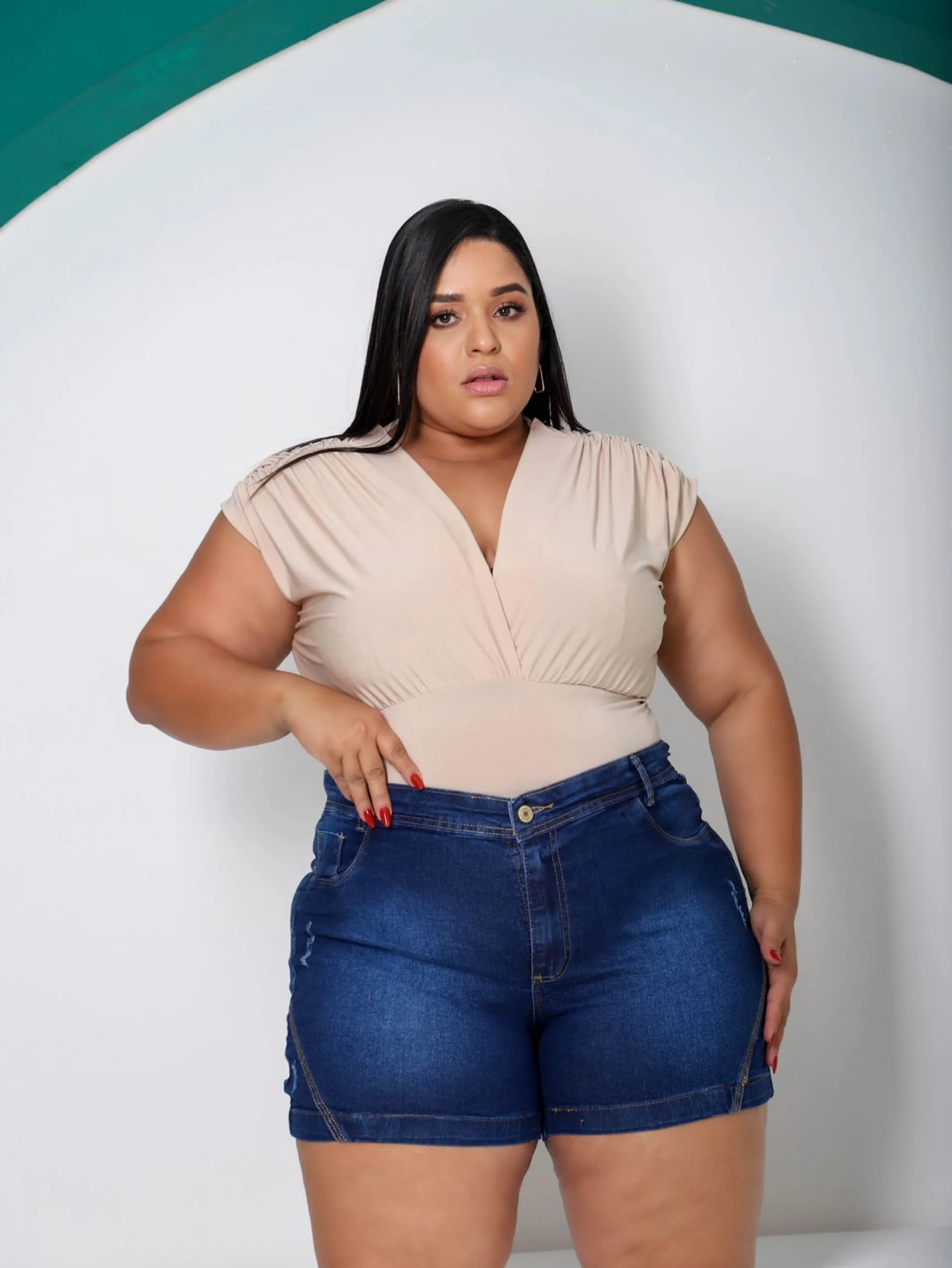 Meia coxa jeans plus size com elastano triângulo dist pisto modelador