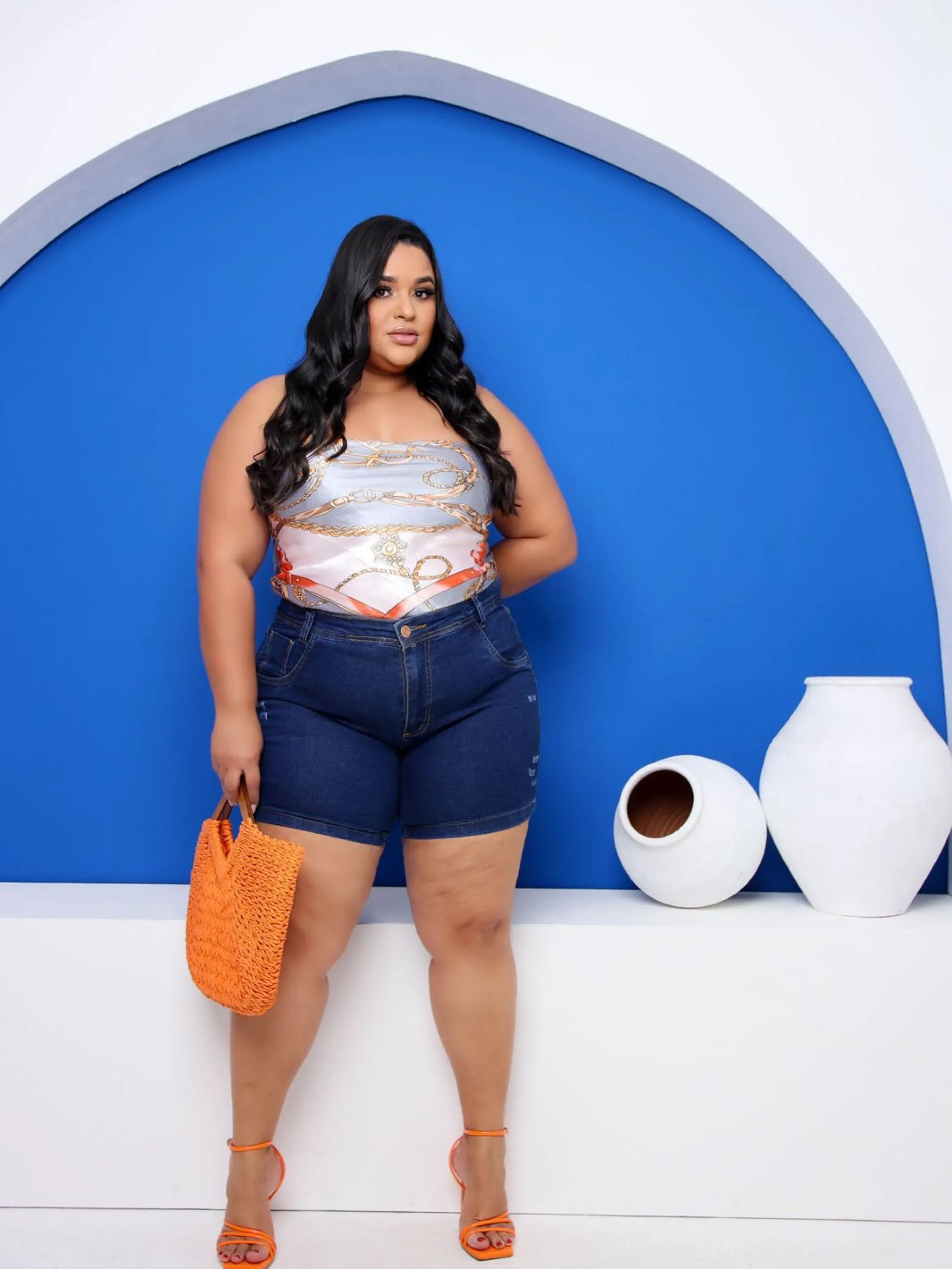 Meia coxa jeans feminina plus size cintura alta com elastano com puído