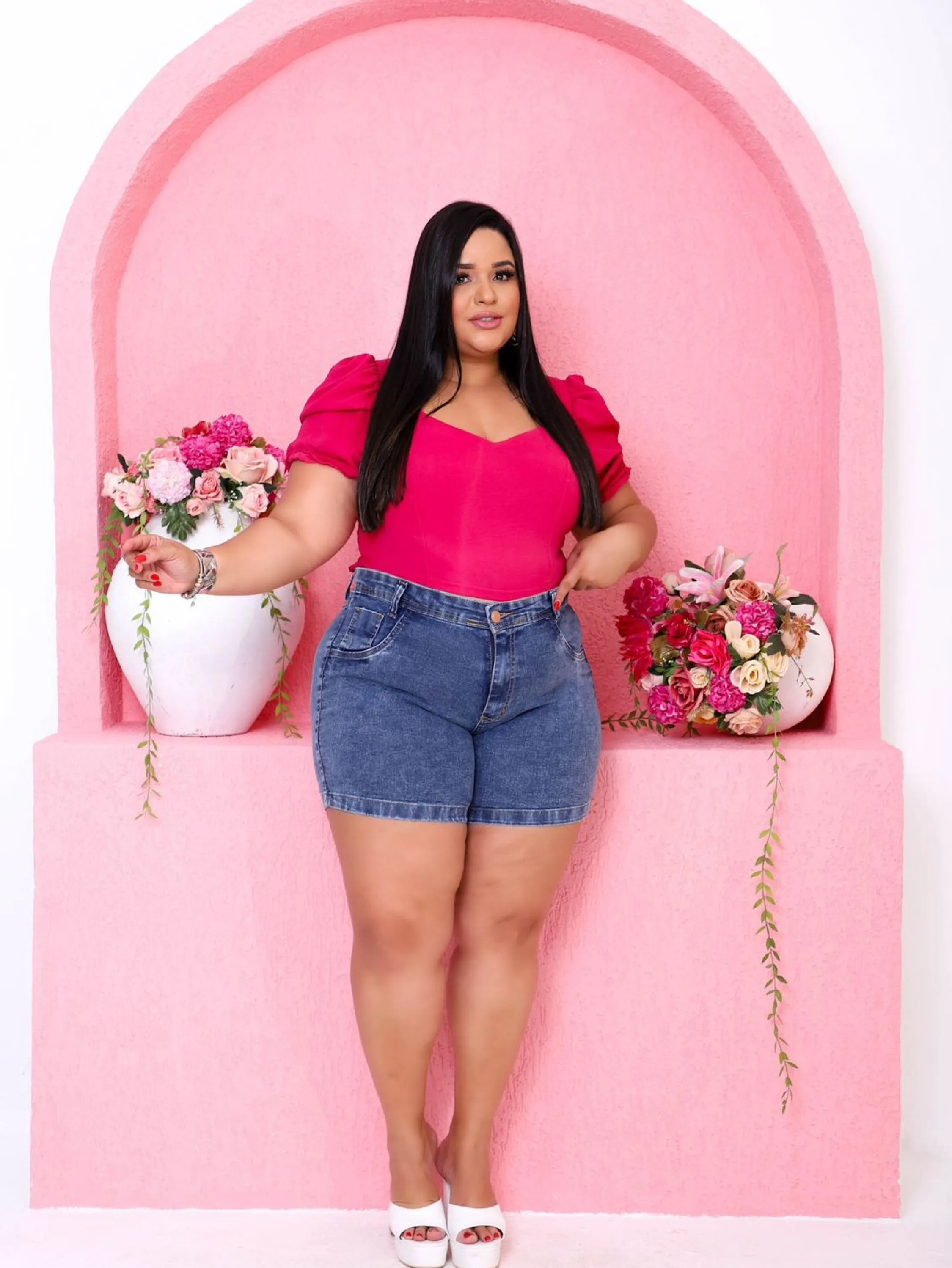 Meia coxa jeans feminina plus size marmorizada com elastano modeladora