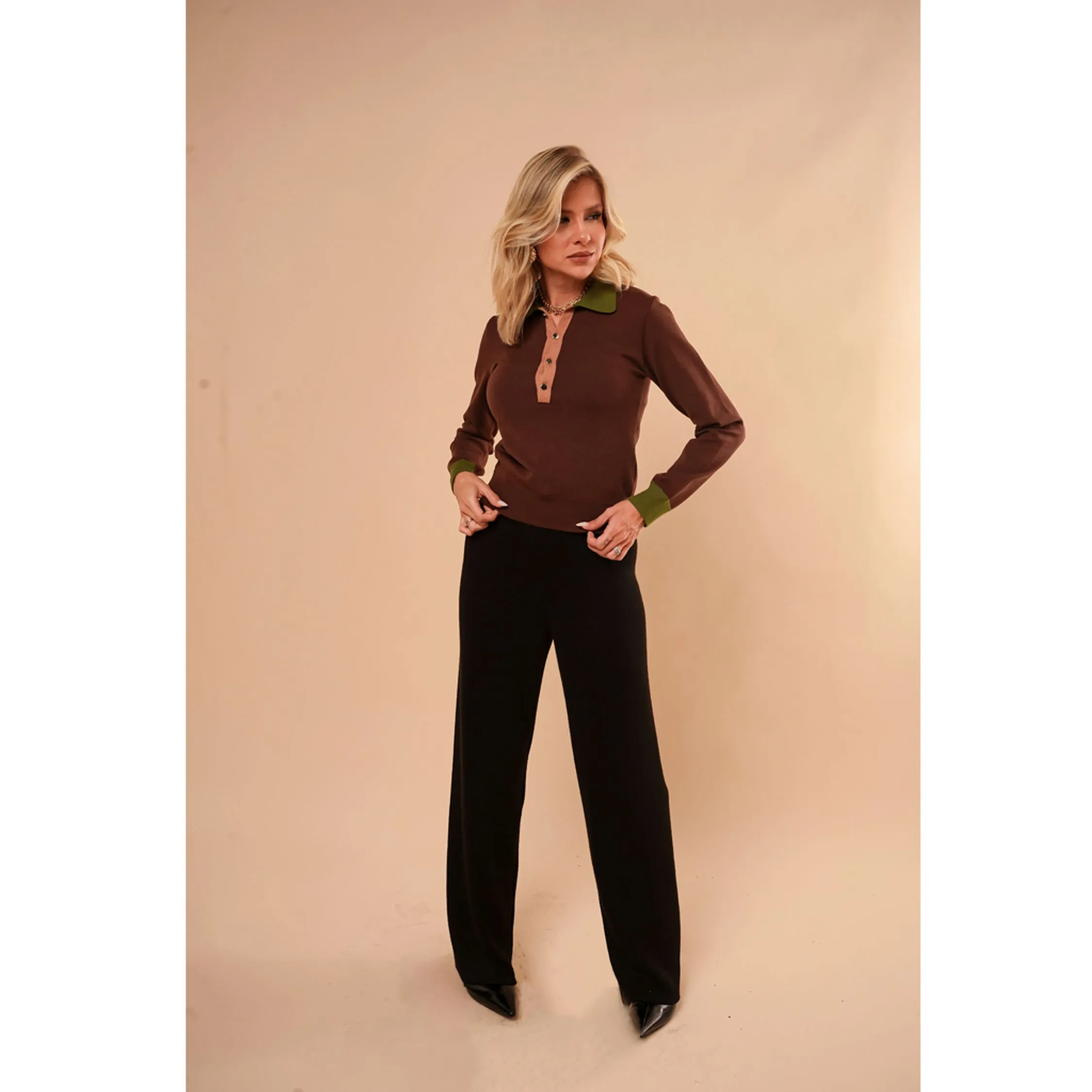 Blusa Tricot Gola Polo Manga Longa Ligia