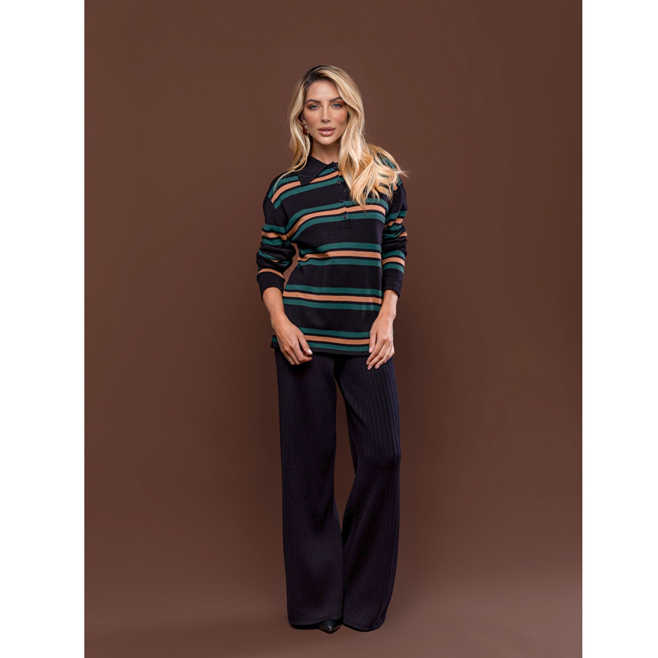 Blusa Tricot Gola Polo Listrada Rayssa