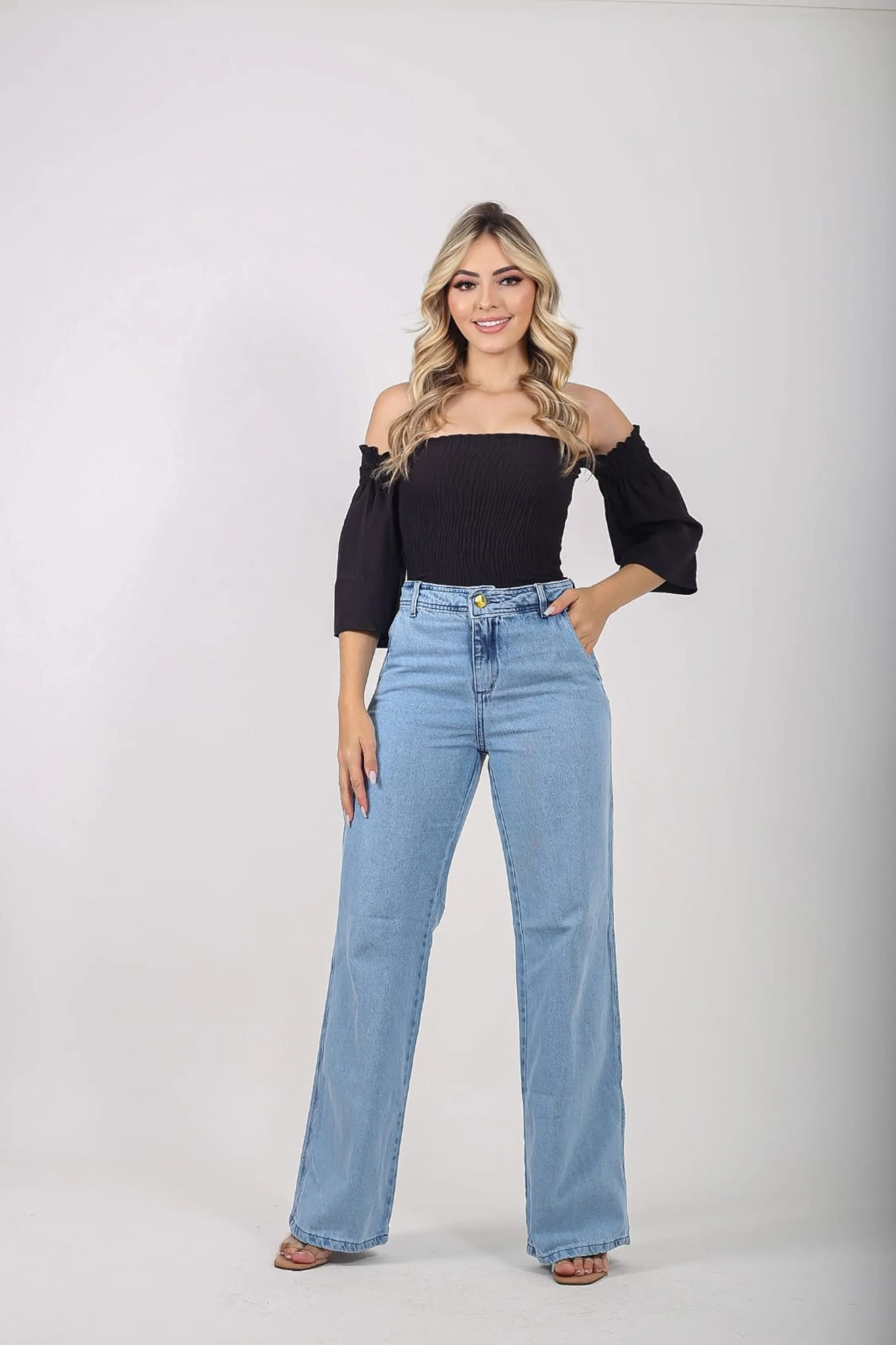 Calça Jeans Feminina Pantalona Lisa